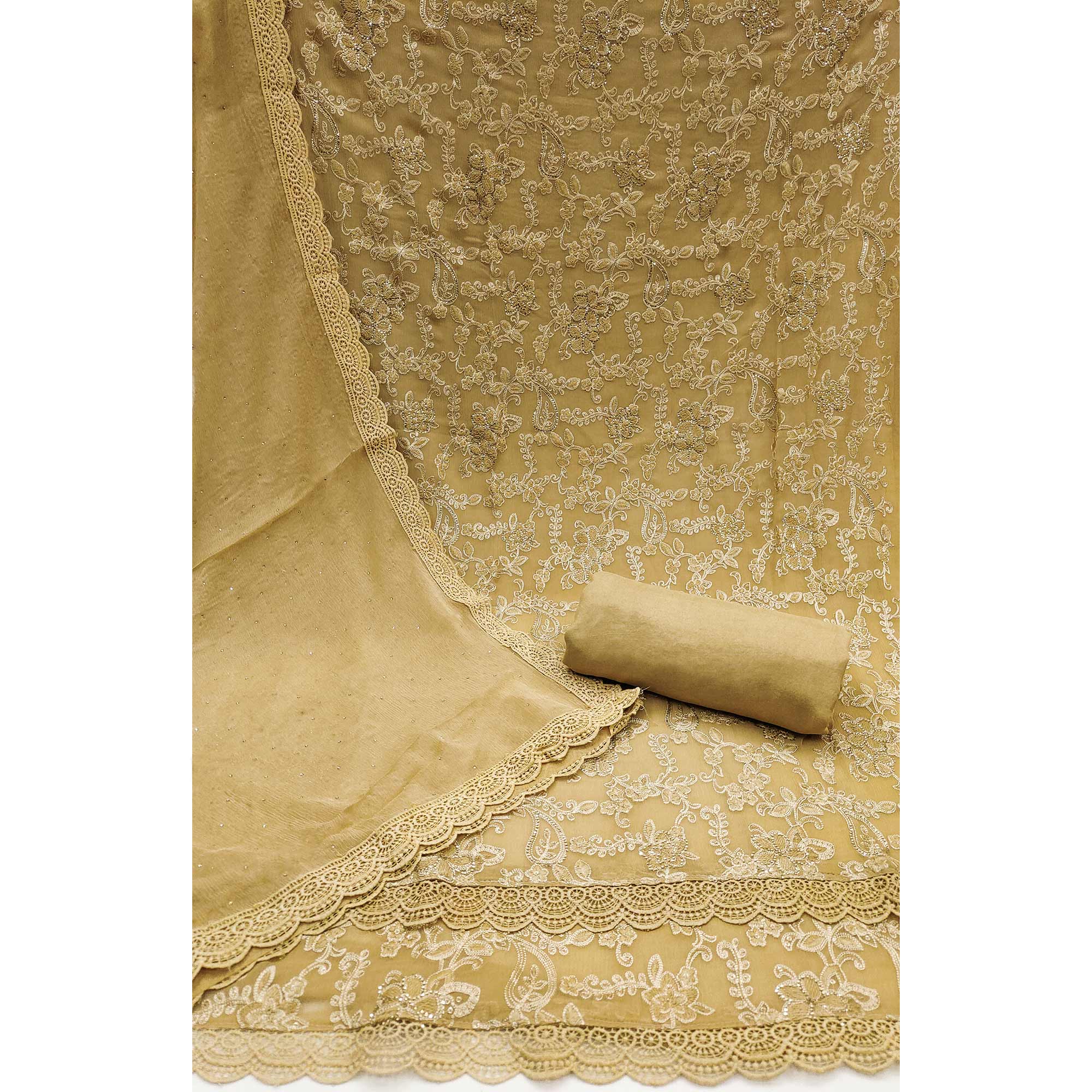 Chikoo Floral Embroidered With Stonework Chiffon Dress Material - Image 3