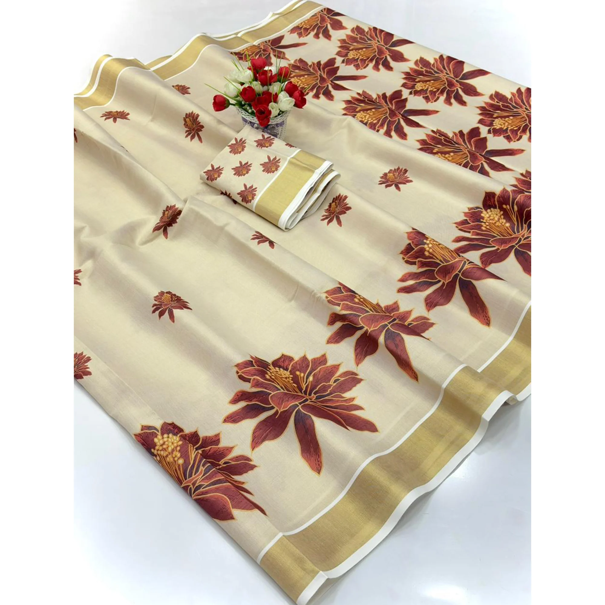 Chikoo Floral Mill Print Cotton Silk Saree Enhanced With Premium Zari Weaving Border Work - Image 3