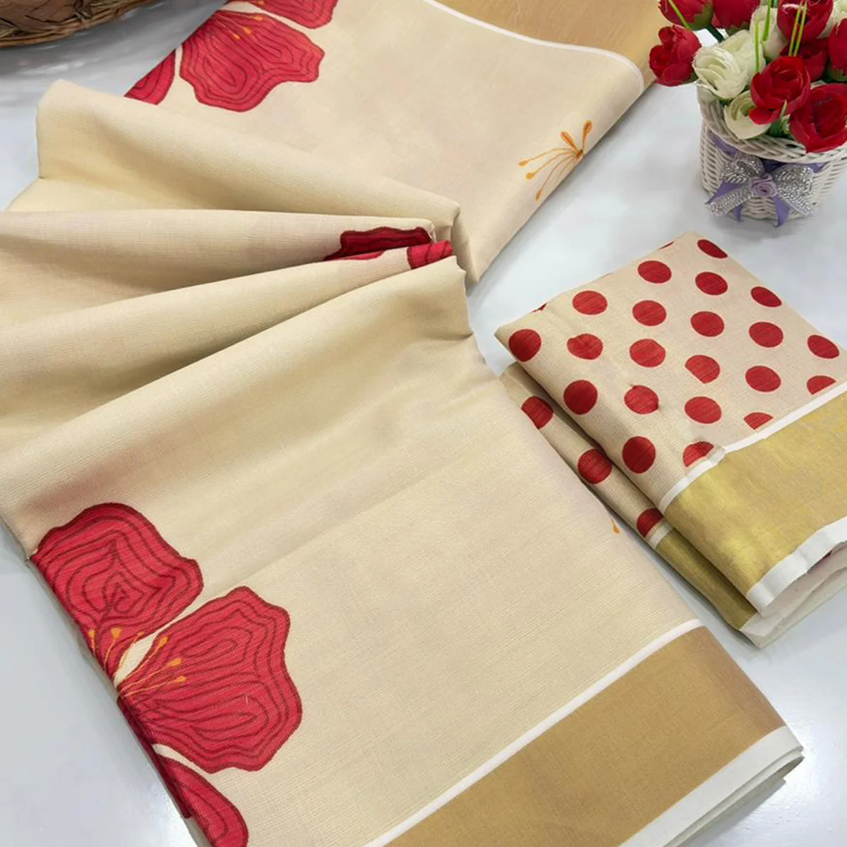 Chikoo Floral Mill Printed Cotton Silk Saree With Elegant Zari Weaving Border Work - Image 2