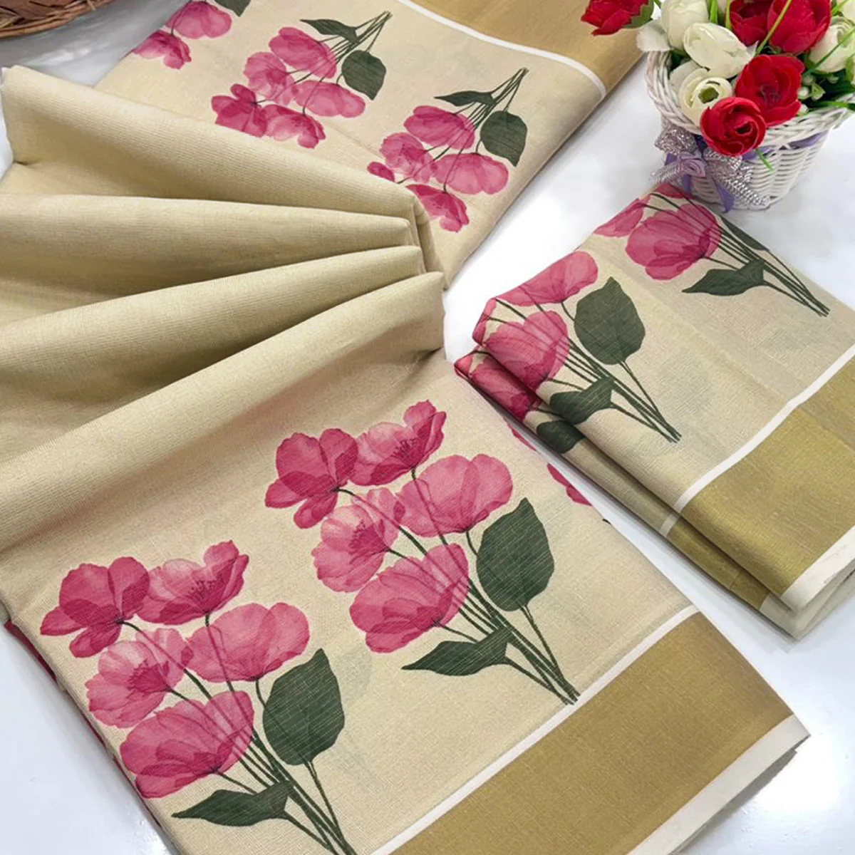 Chikoo Floral Mill Printed Cotton Silk Saree With Handcrafted Zari Weaving Border Work - Image 2
