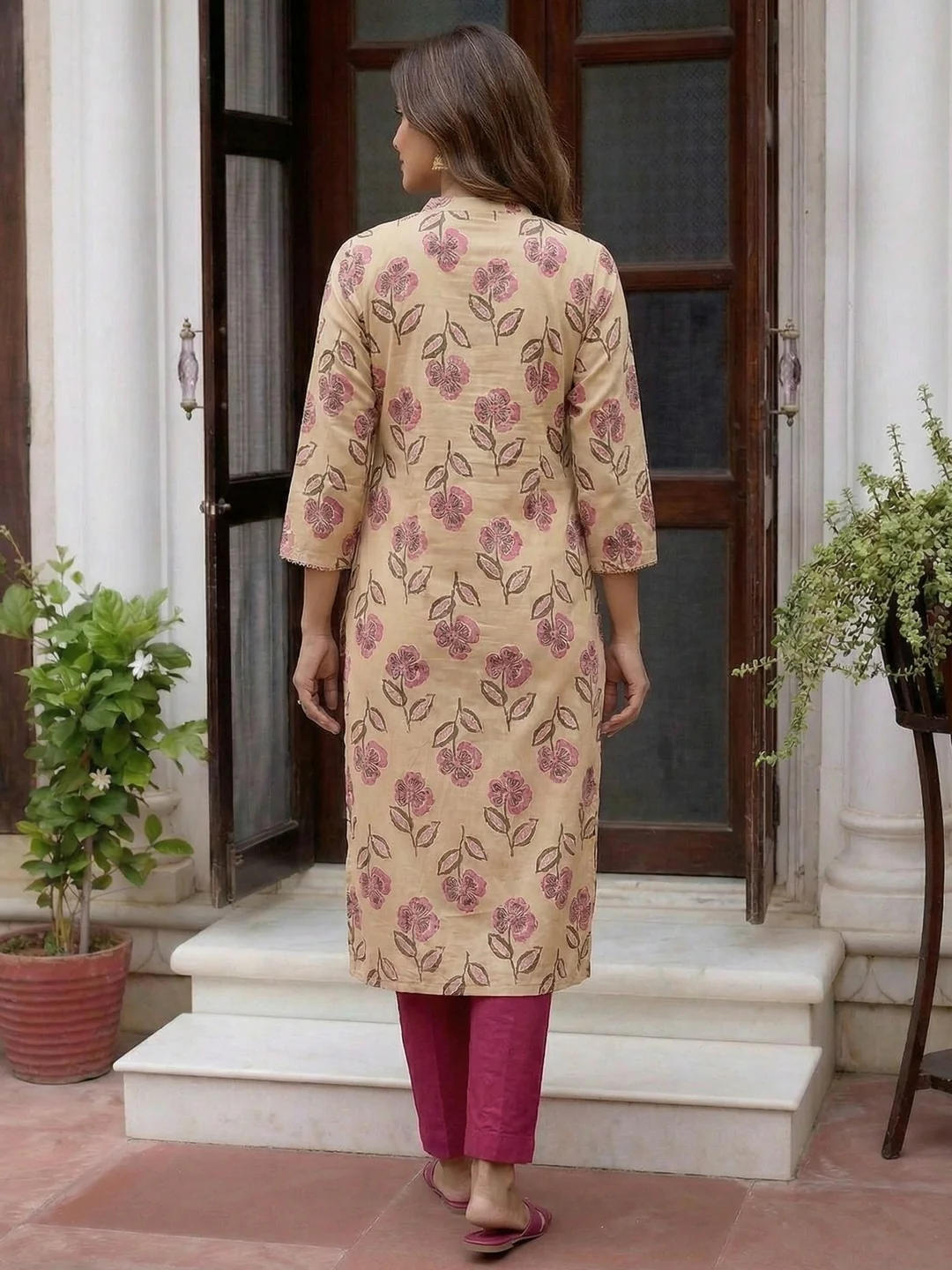 Chikoo Floral Printed Cotton Salwar Suit with Pink Dupatta - Image 3