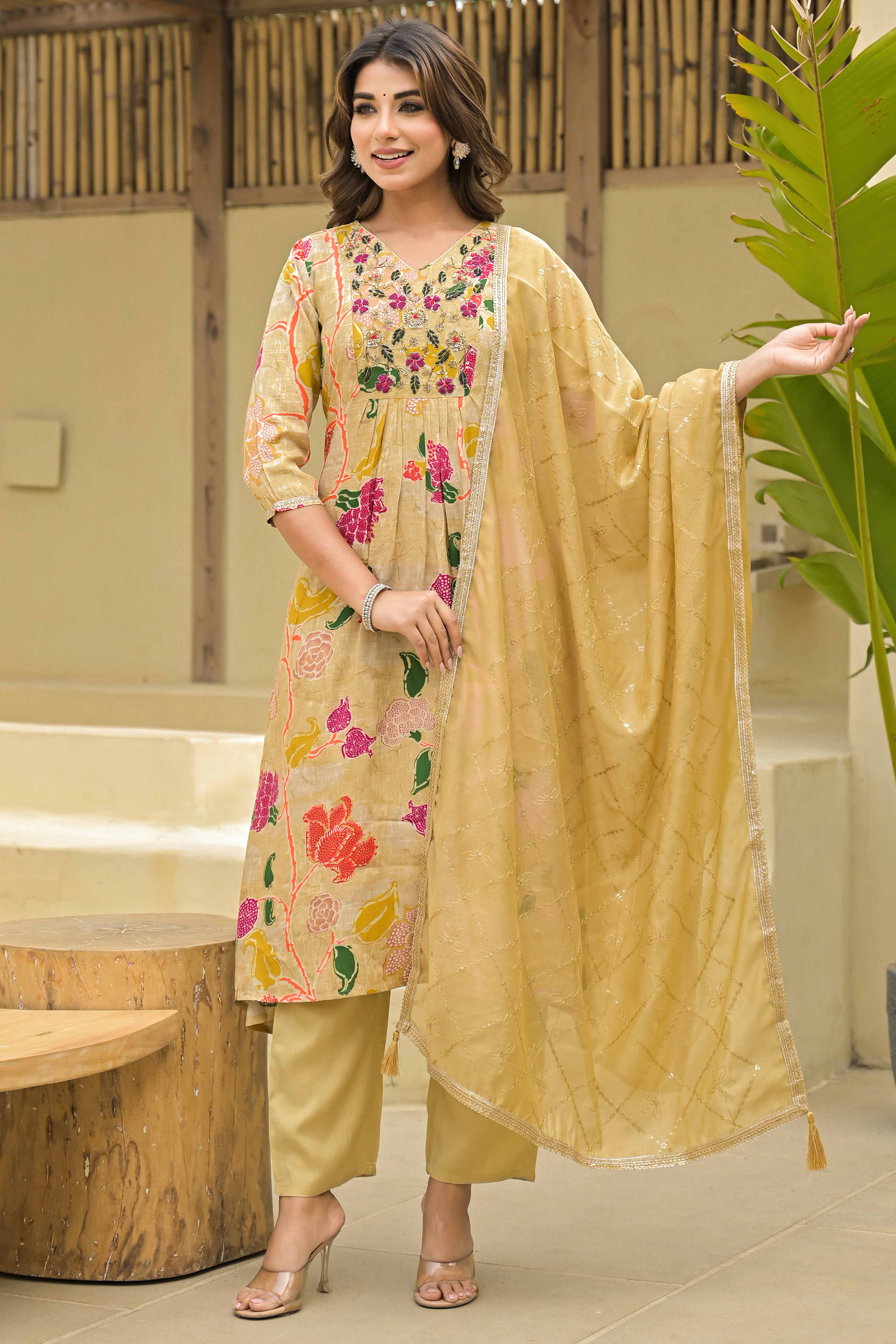Chikoo Floral Printed Muslin Anarkali Style Salwar Suit With Hand Work - Image 3