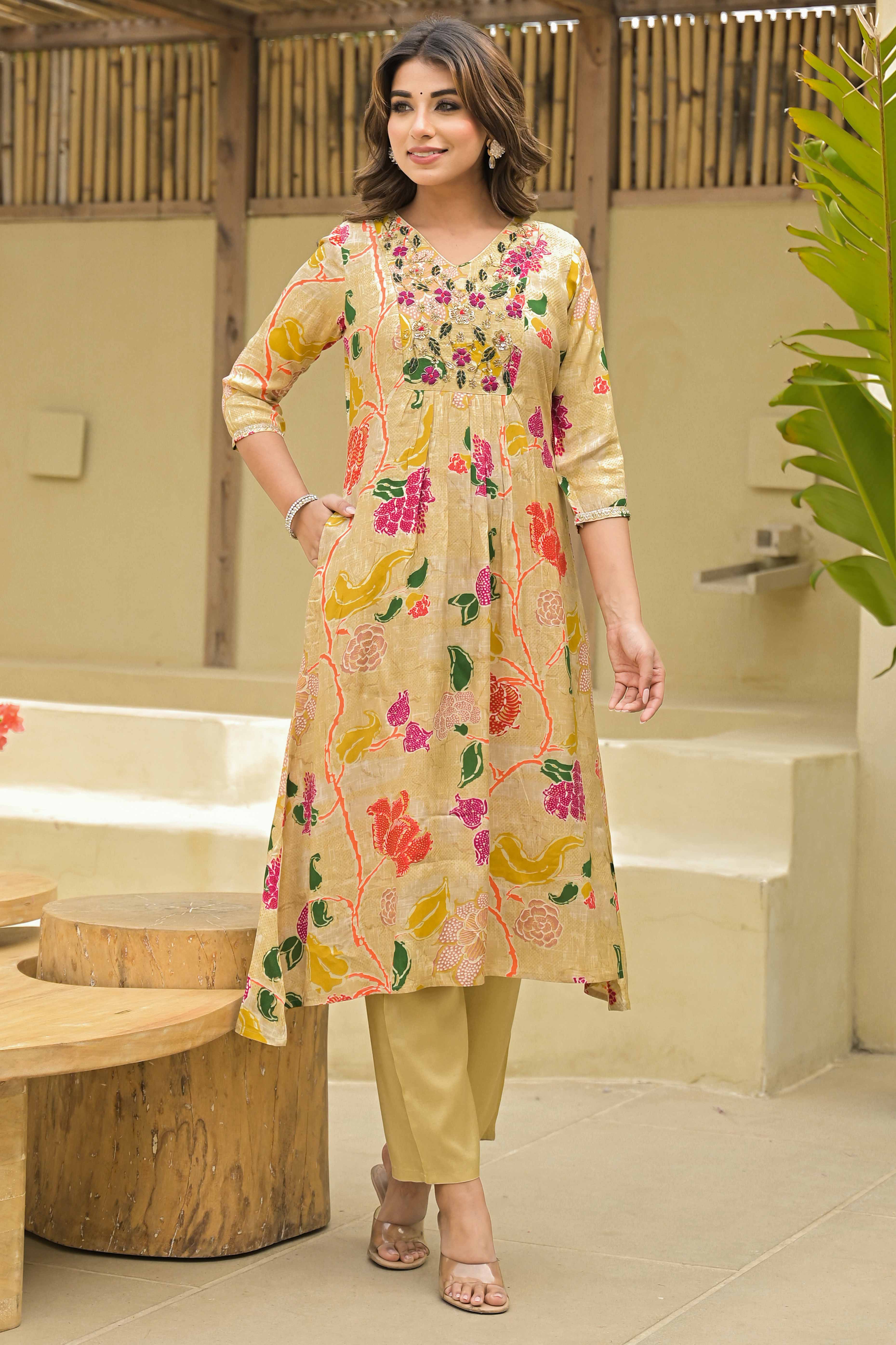 Chikoo Floral Printed Muslin Anarkali Style Salwar Suit With Hand Work - Image 7