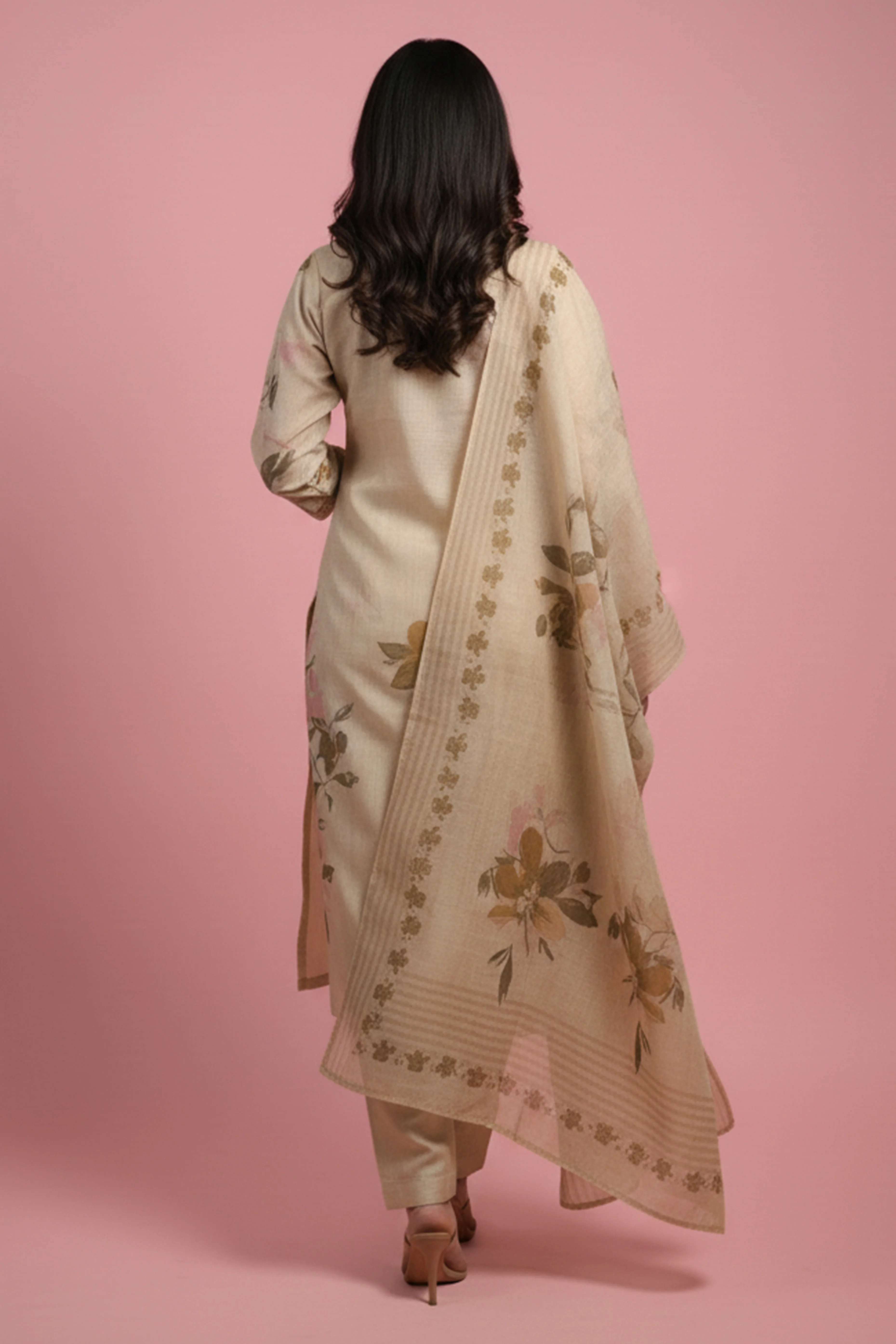 Chikoo Floral Printed Salwar Suit in Pure Cotton with Artisanal Embroidered Neck Detailing - Image 3