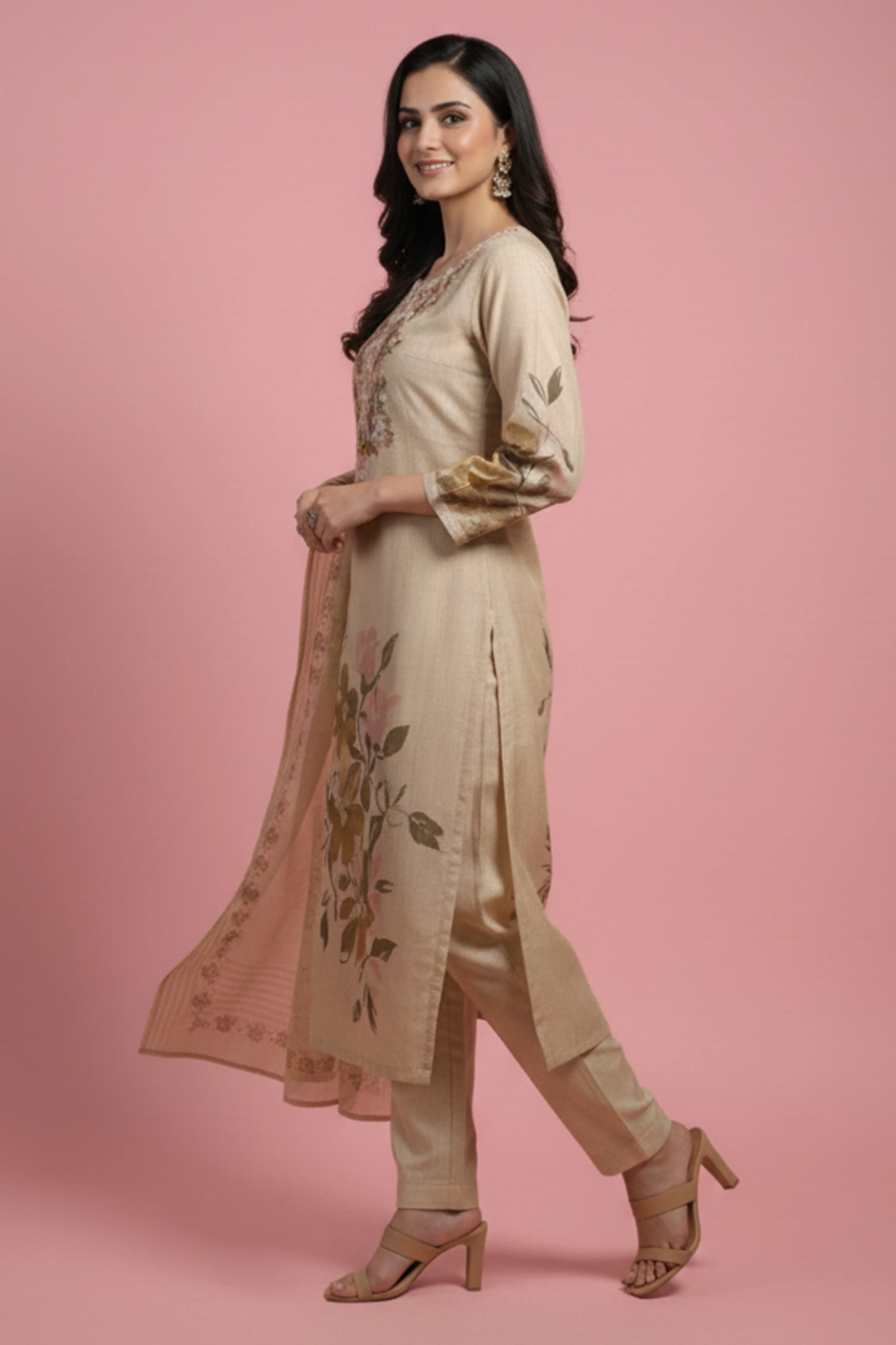 Chikoo Floral Printed Salwar Suit in Pure Cotton with Artisanal Embroidered Neck Detailing - Image 4