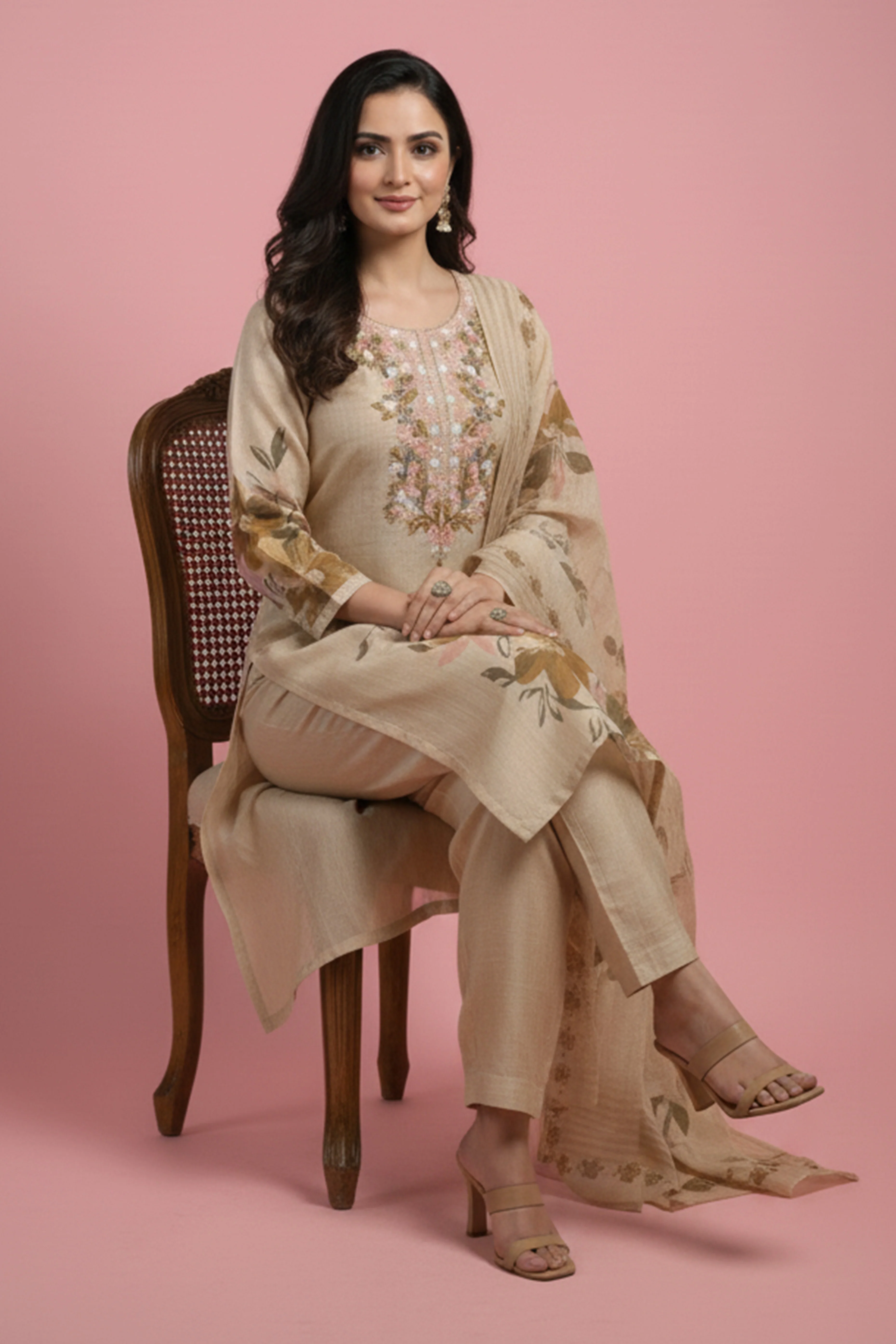 Chikoo Floral Printed Salwar Suit in Pure Cotton with Artisanal Embroidered Neck Detailing - Image 5