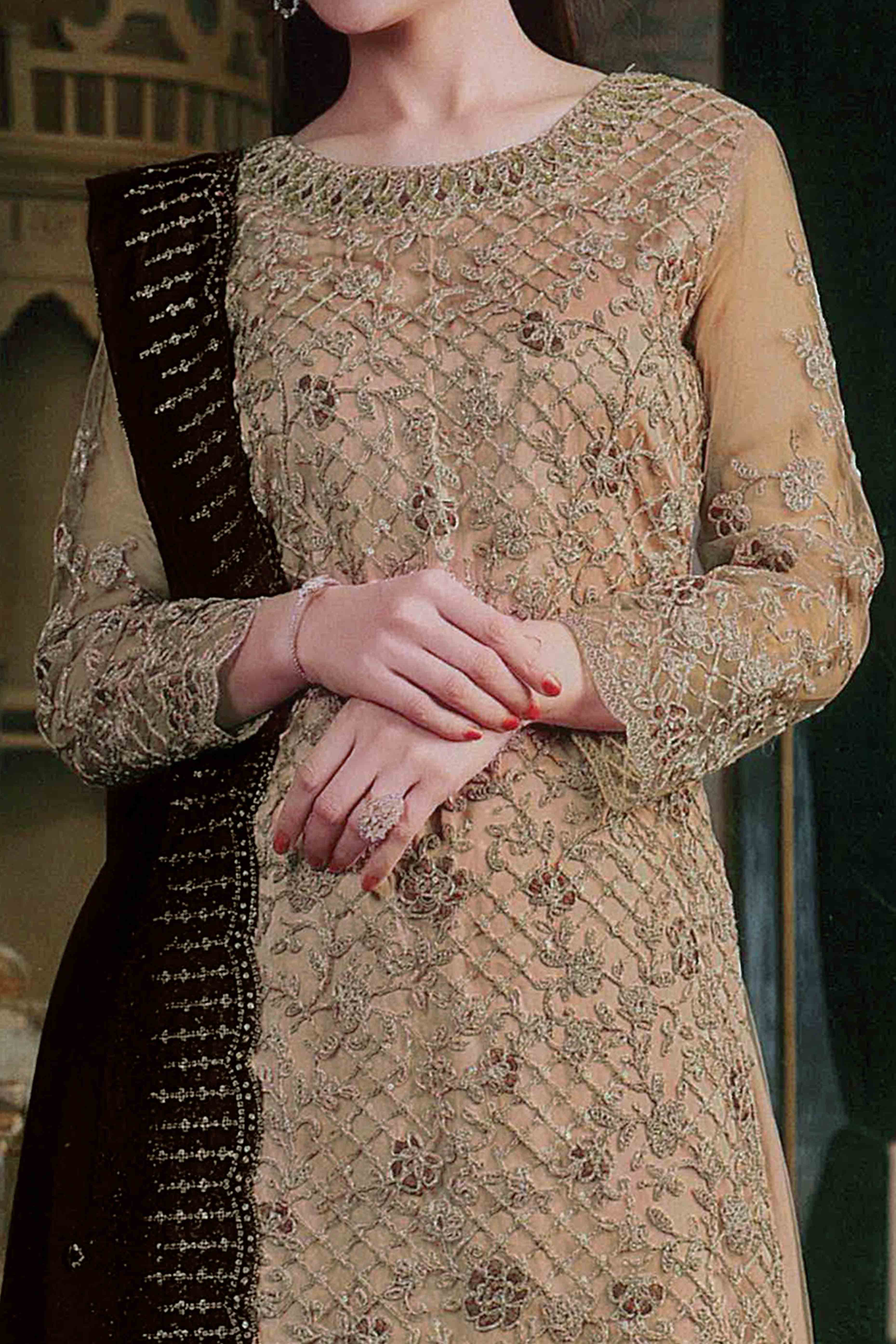 Chikoo Floral Sequins & Codding Embroidered Net Semi Stitched Suit - Image 2