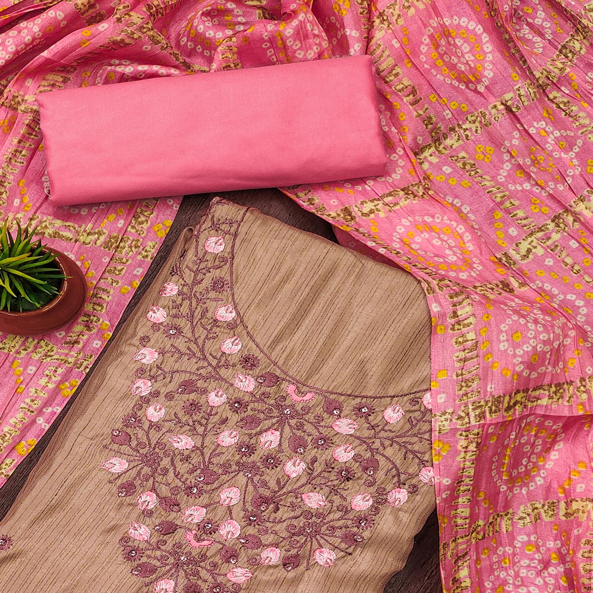 Chikoo Floral Sequins Embroidered Cotton Blend Dress Material - Image 2