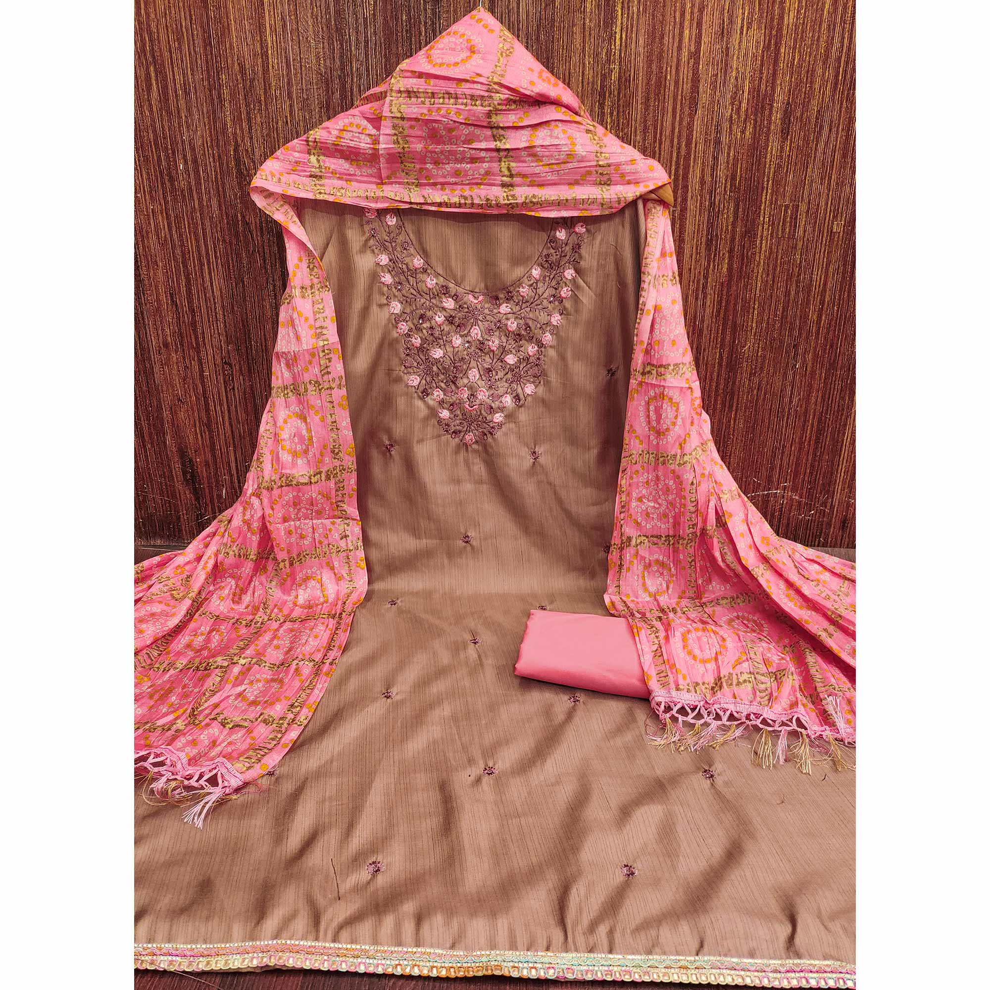 Chikoo Floral Sequins Embroidered Cotton Blend Dress Material - Image 3