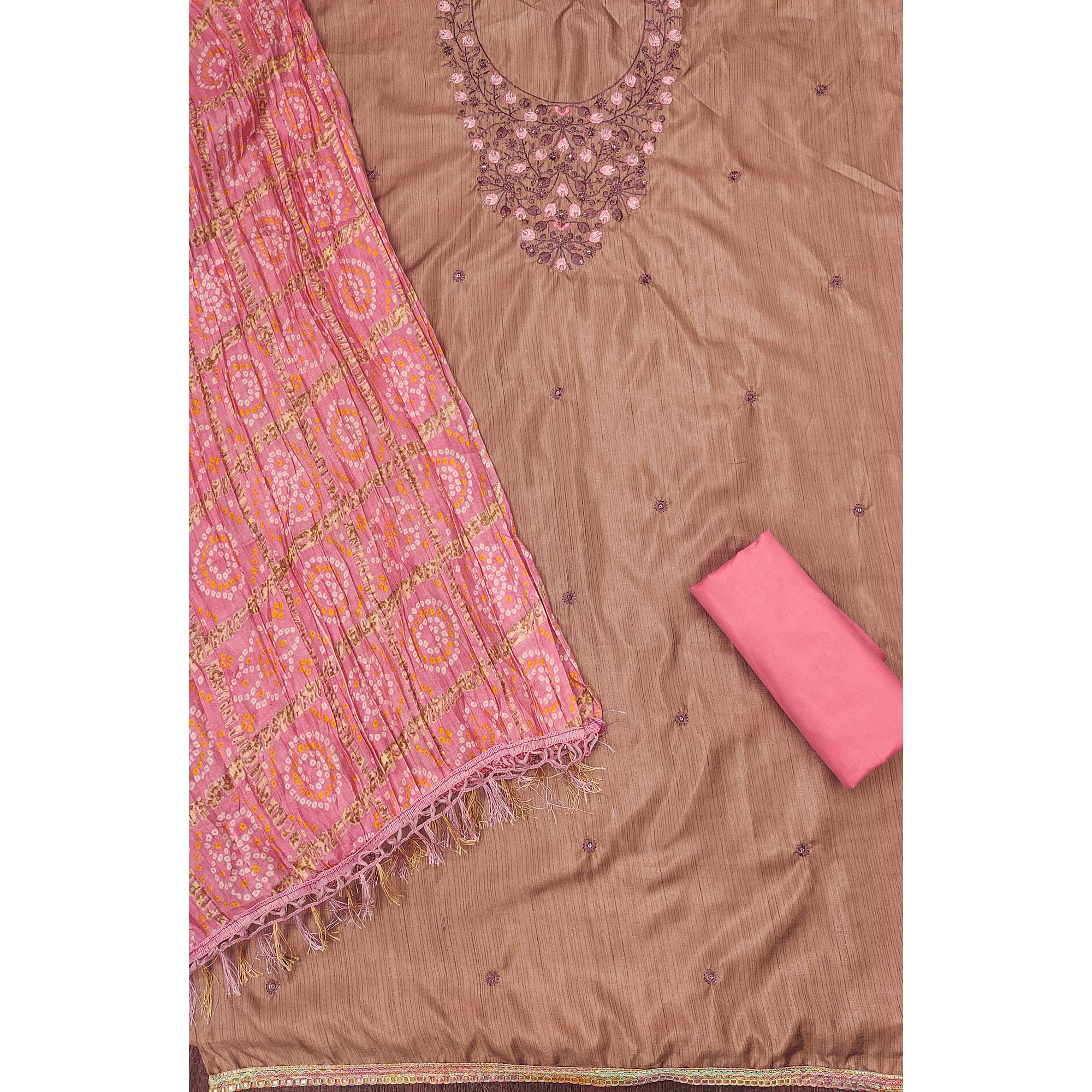 Chikoo Floral Sequins Embroidered Cotton Blend Dress Material - Image 4