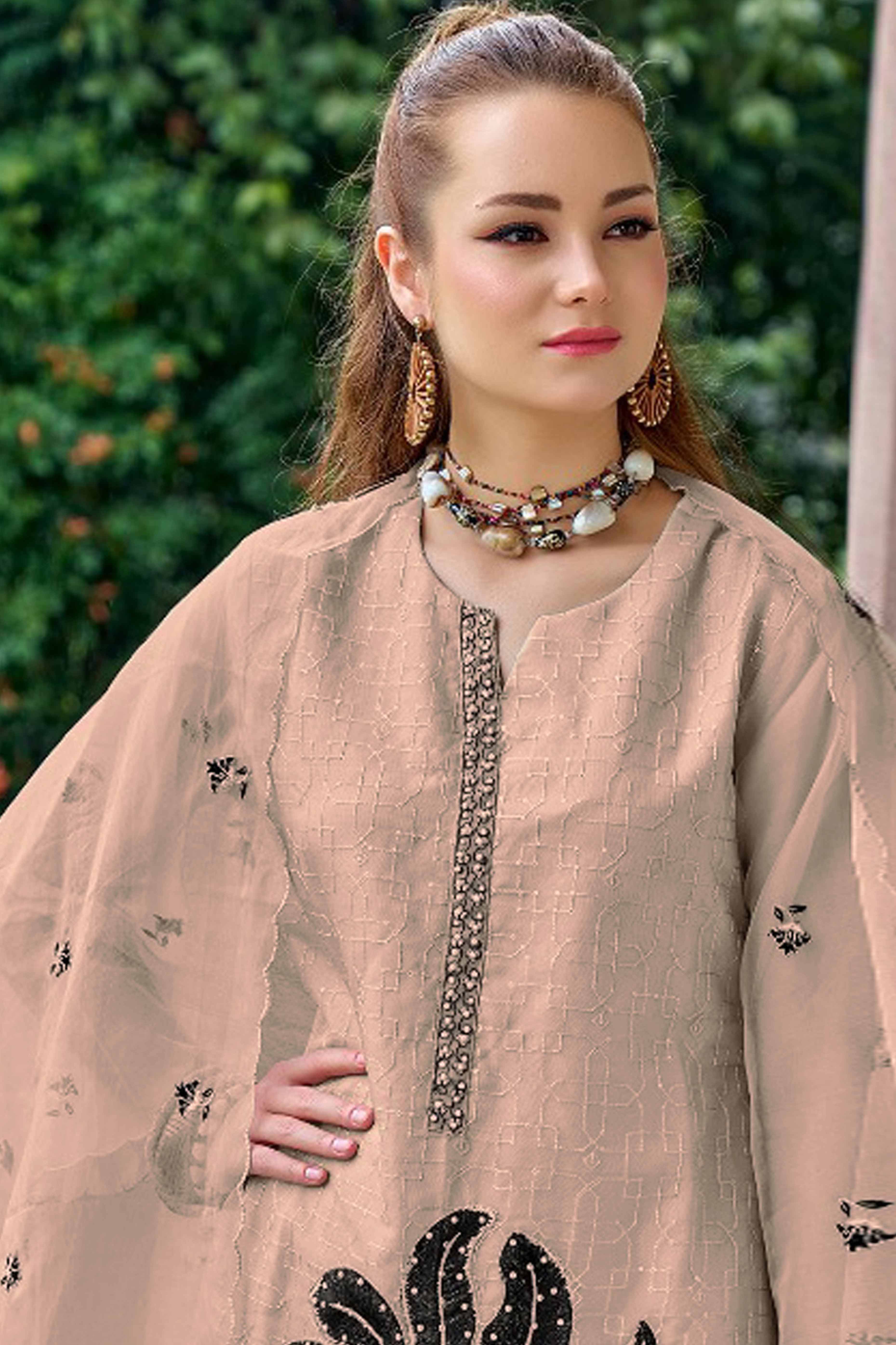 Chikoo Floral Sequins Embroidered Organza Semi Stitched Pakistani Suit - Image 3