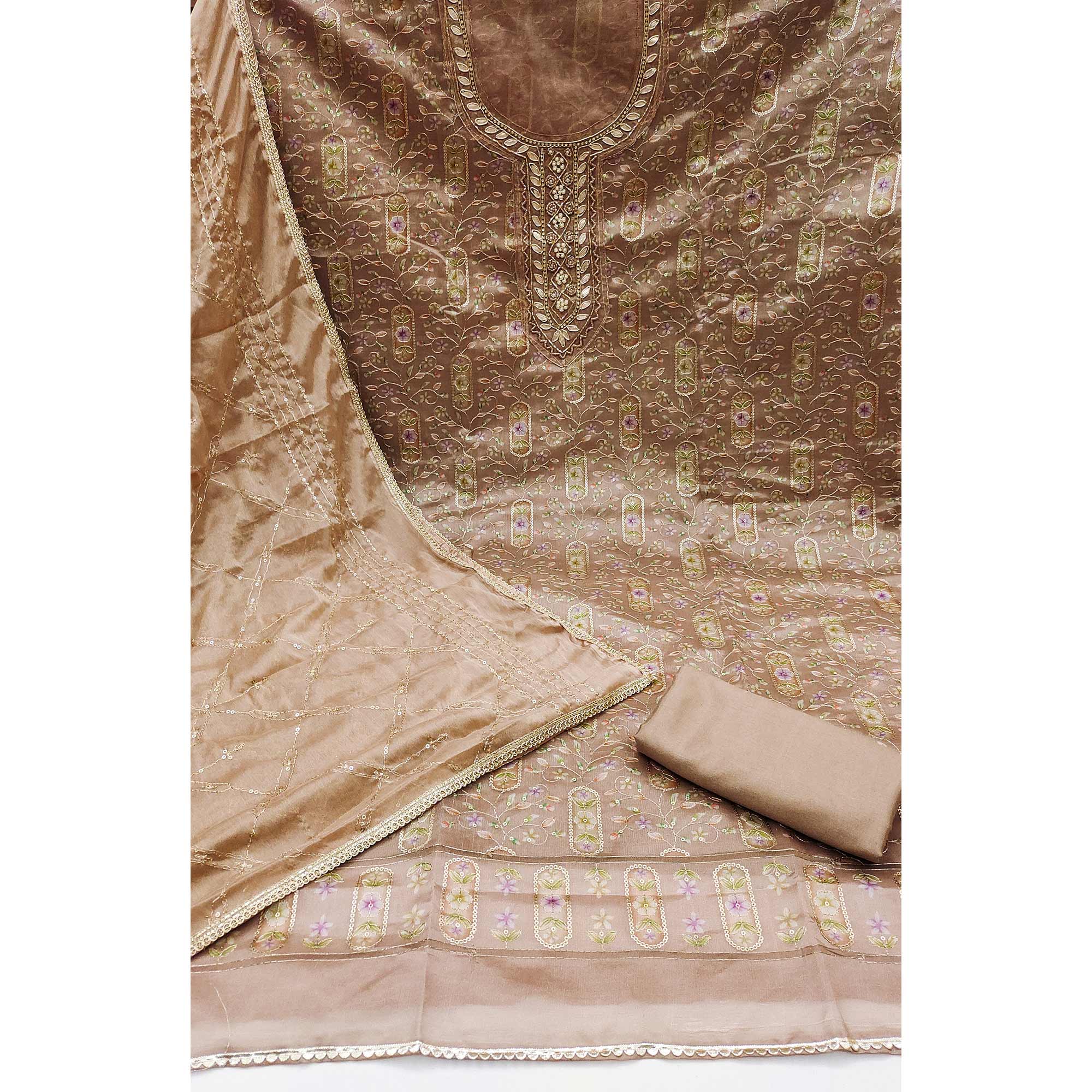 Chikoo Floral Sequins Embroidery With Handwork Organza Dress Material - Image 4