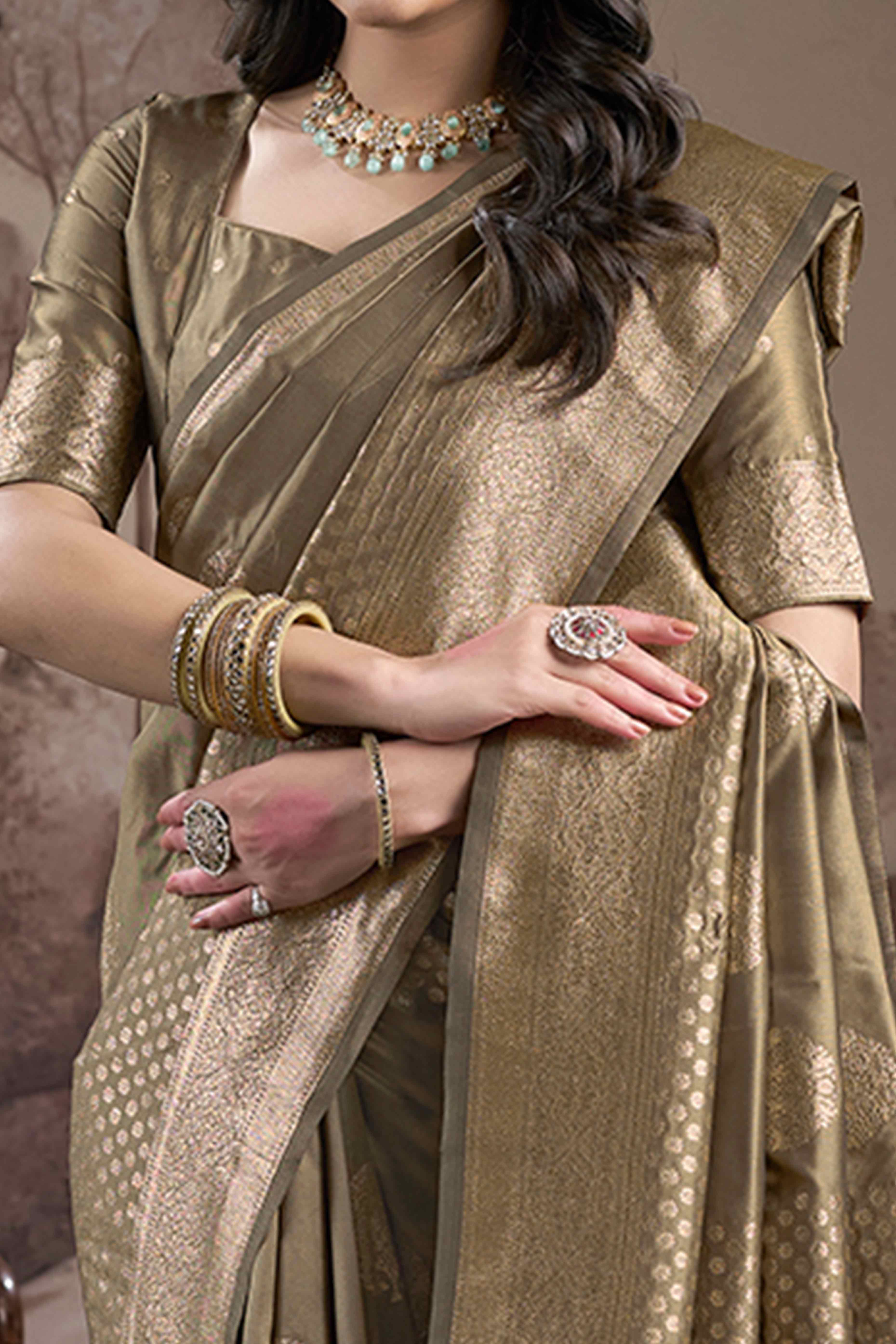 Chikoo Floral Woven Jacquard Silk Saree - Image 2
