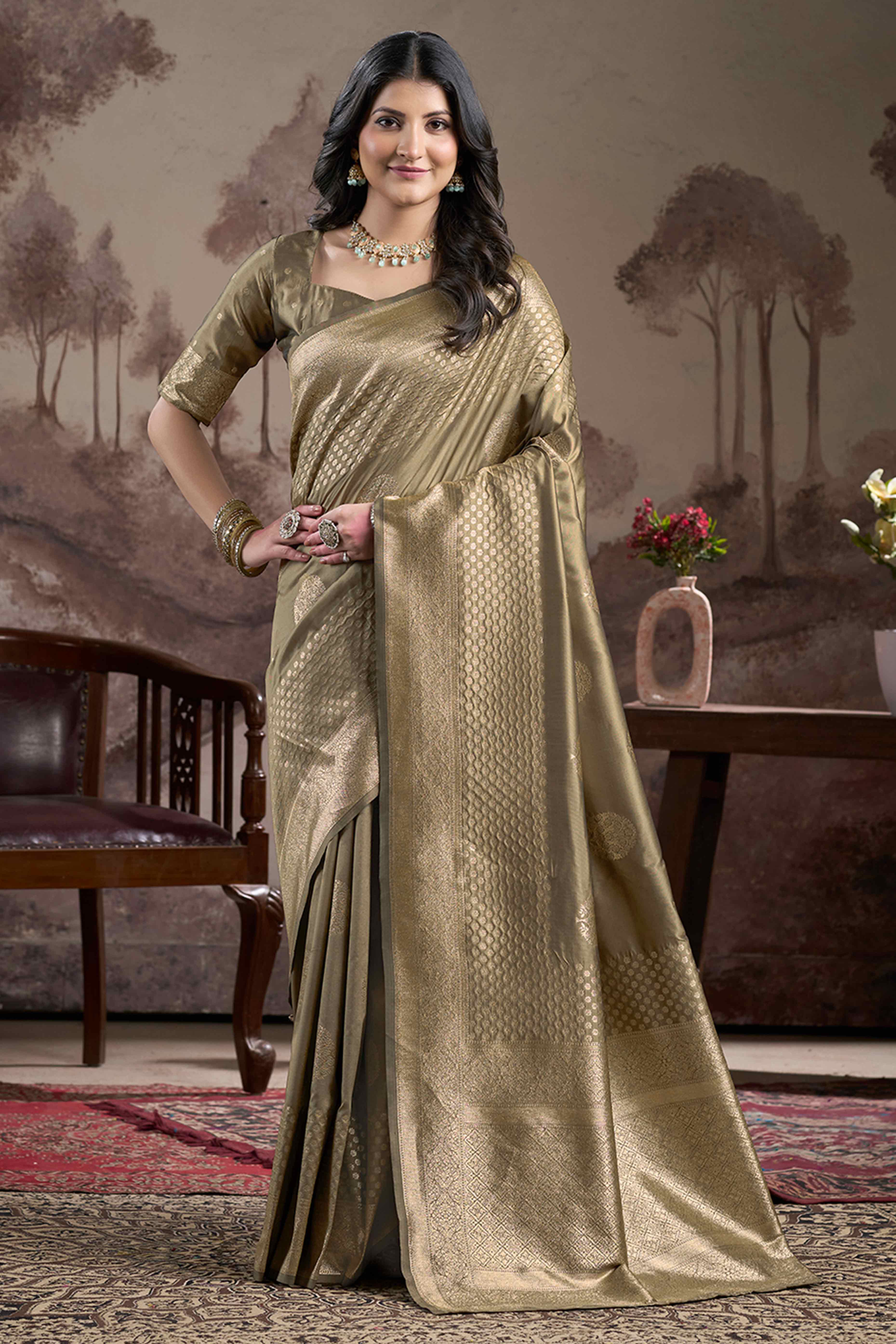 Chikoo Floral Woven Jacquard Silk Saree - Image 3