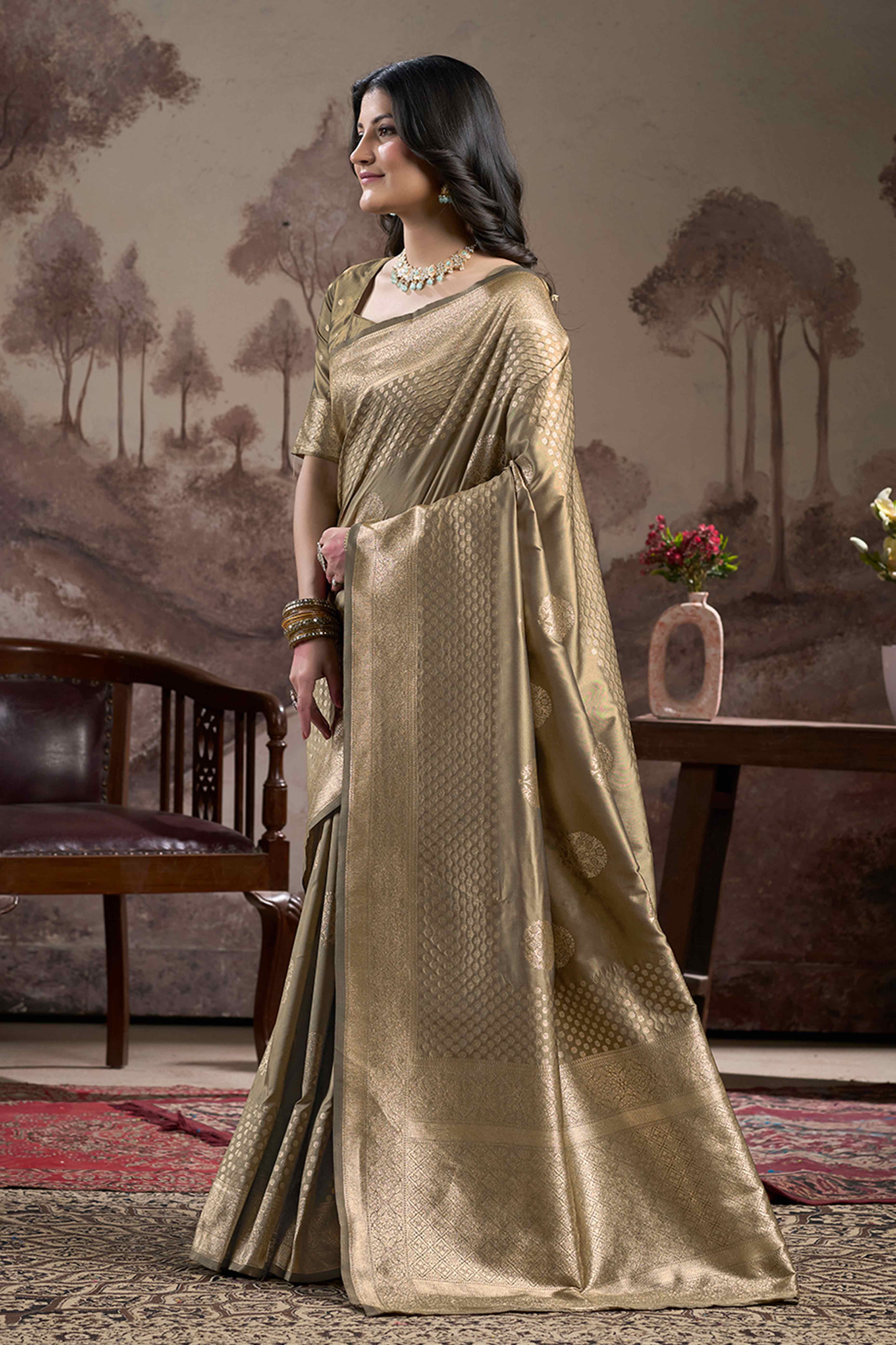 Chikoo Floral Woven Jacquard Silk Saree - Image 4