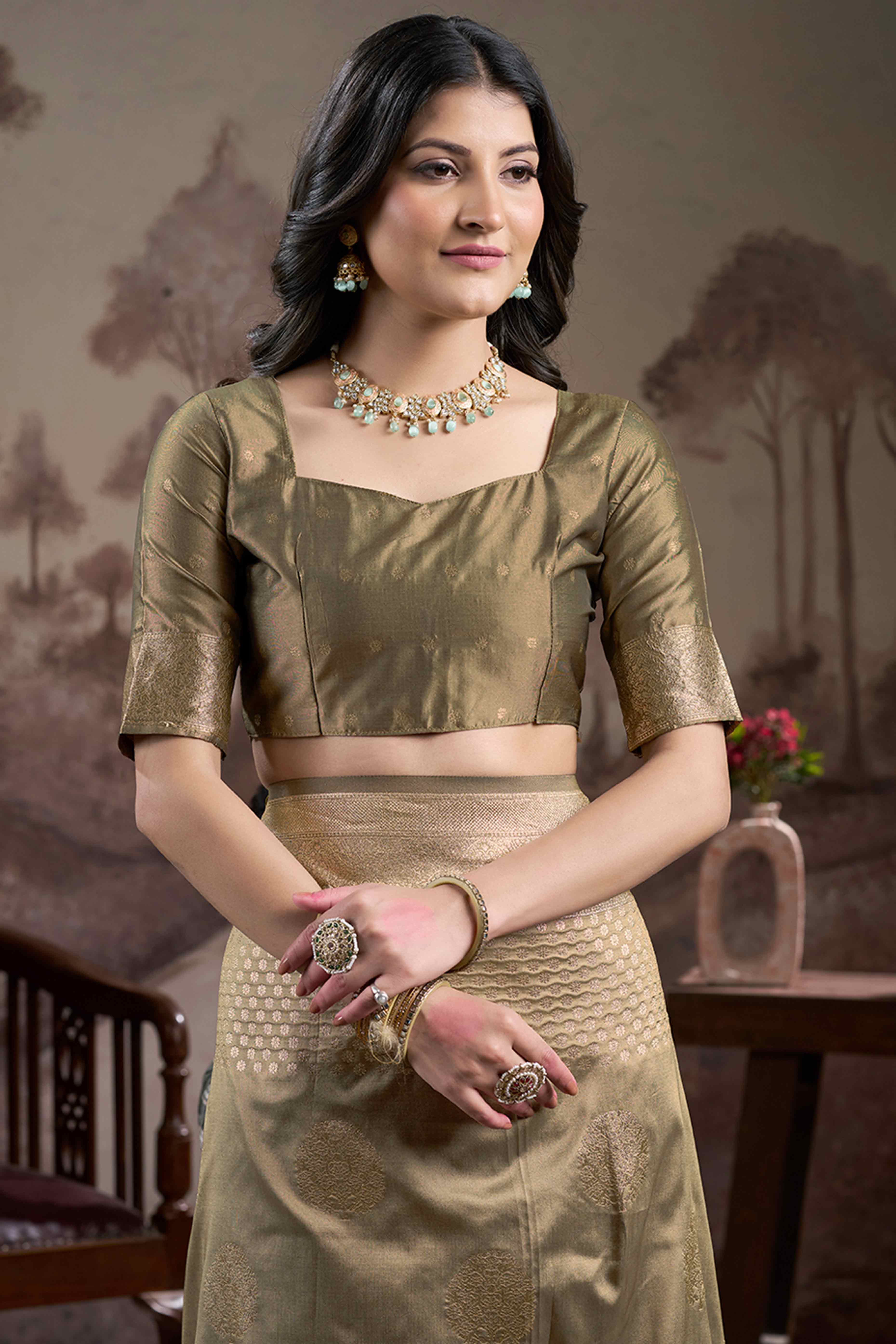 Chikoo Floral Woven Jacquard Silk Saree - Image 7