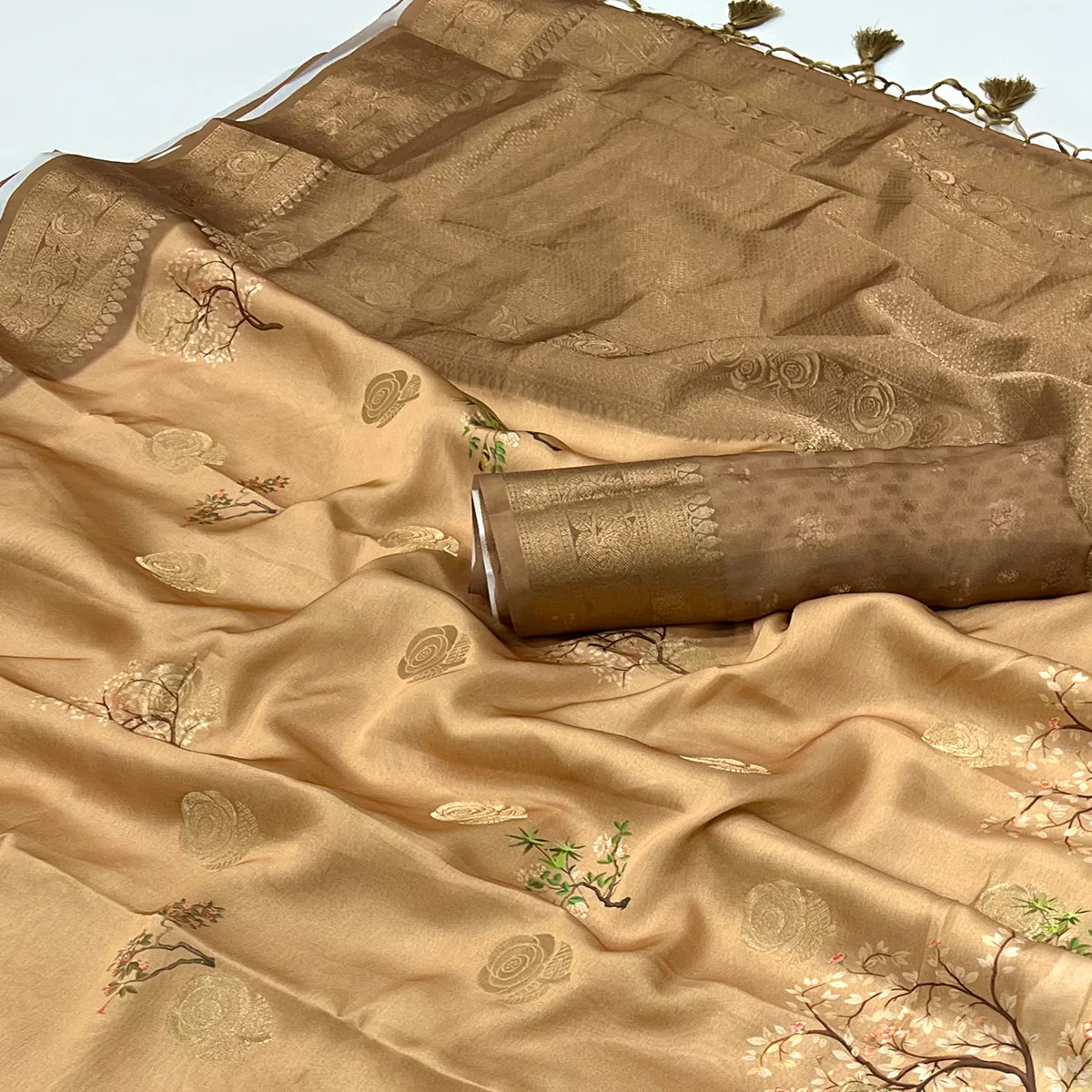 Chikoo Floral Woven With Digital Printed Satin Saree - Image 2
