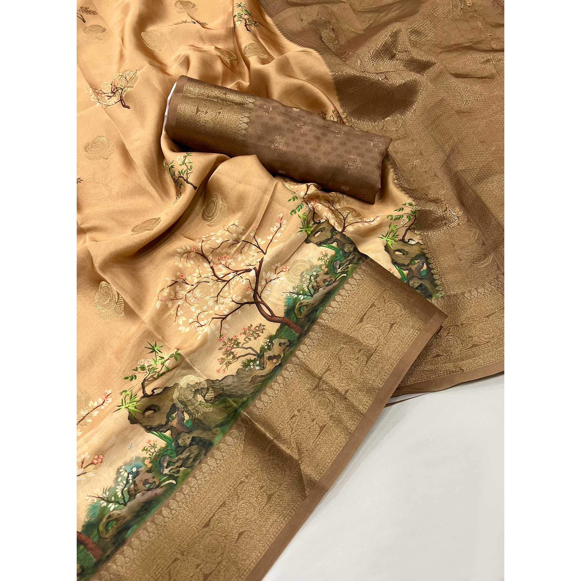 Chikoo Floral Woven With Digital Printed Satin Saree - Image 3