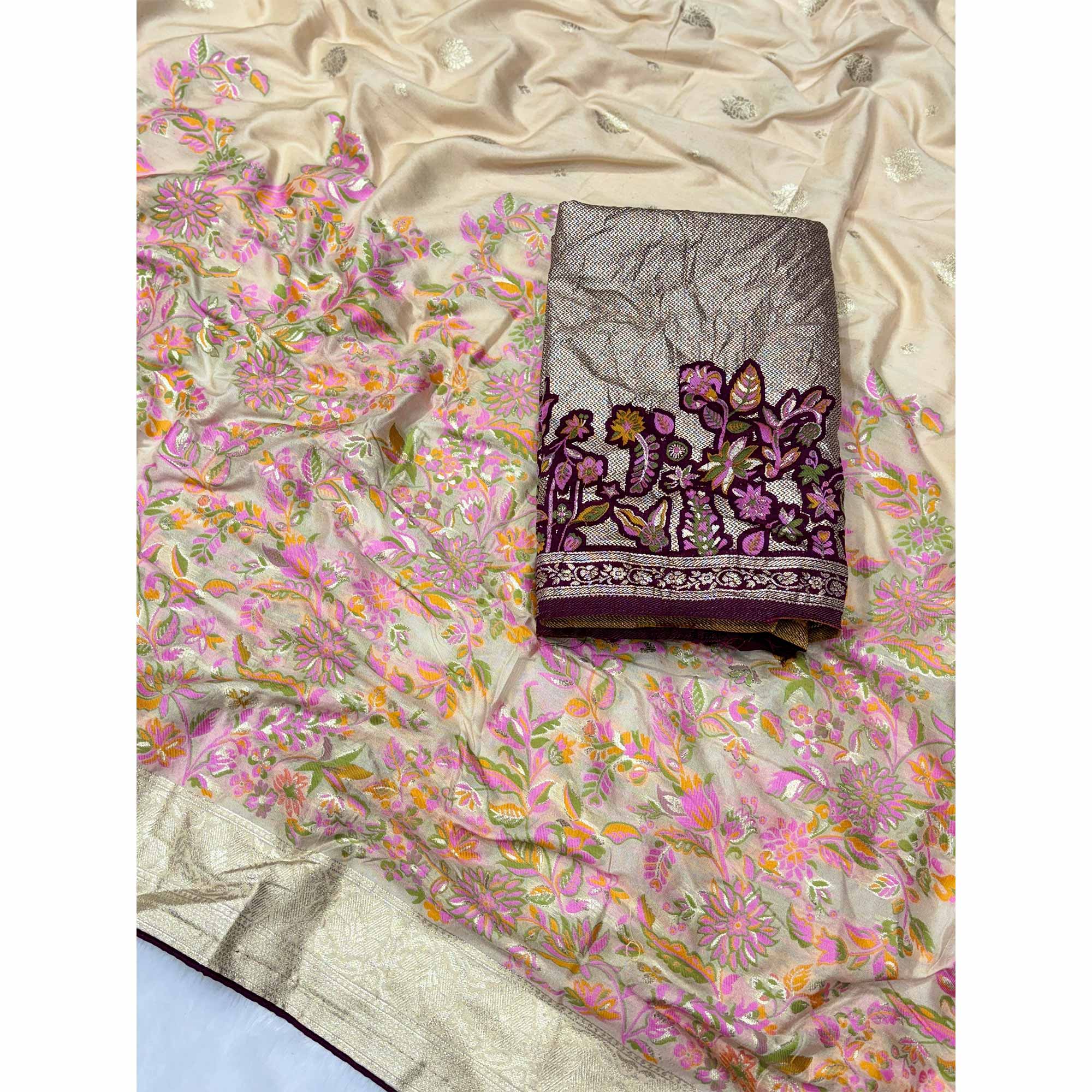 Chikoo Floral Zari Woven Dola Silk Saree For A Timeless Ethnic Look - Image 3