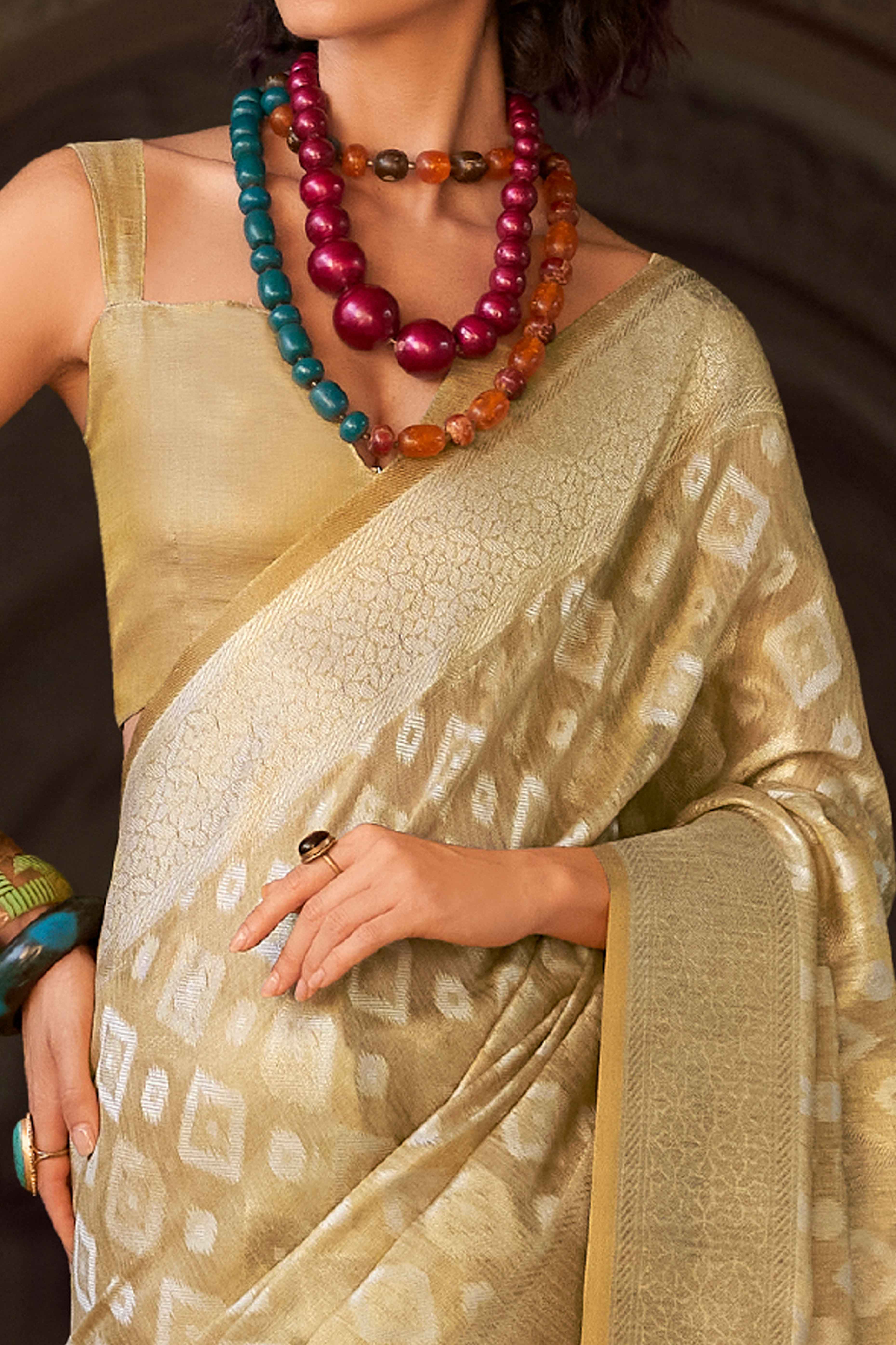 Chikoo Geometric Pattern Woven Tissue Silk Saree - Image 2