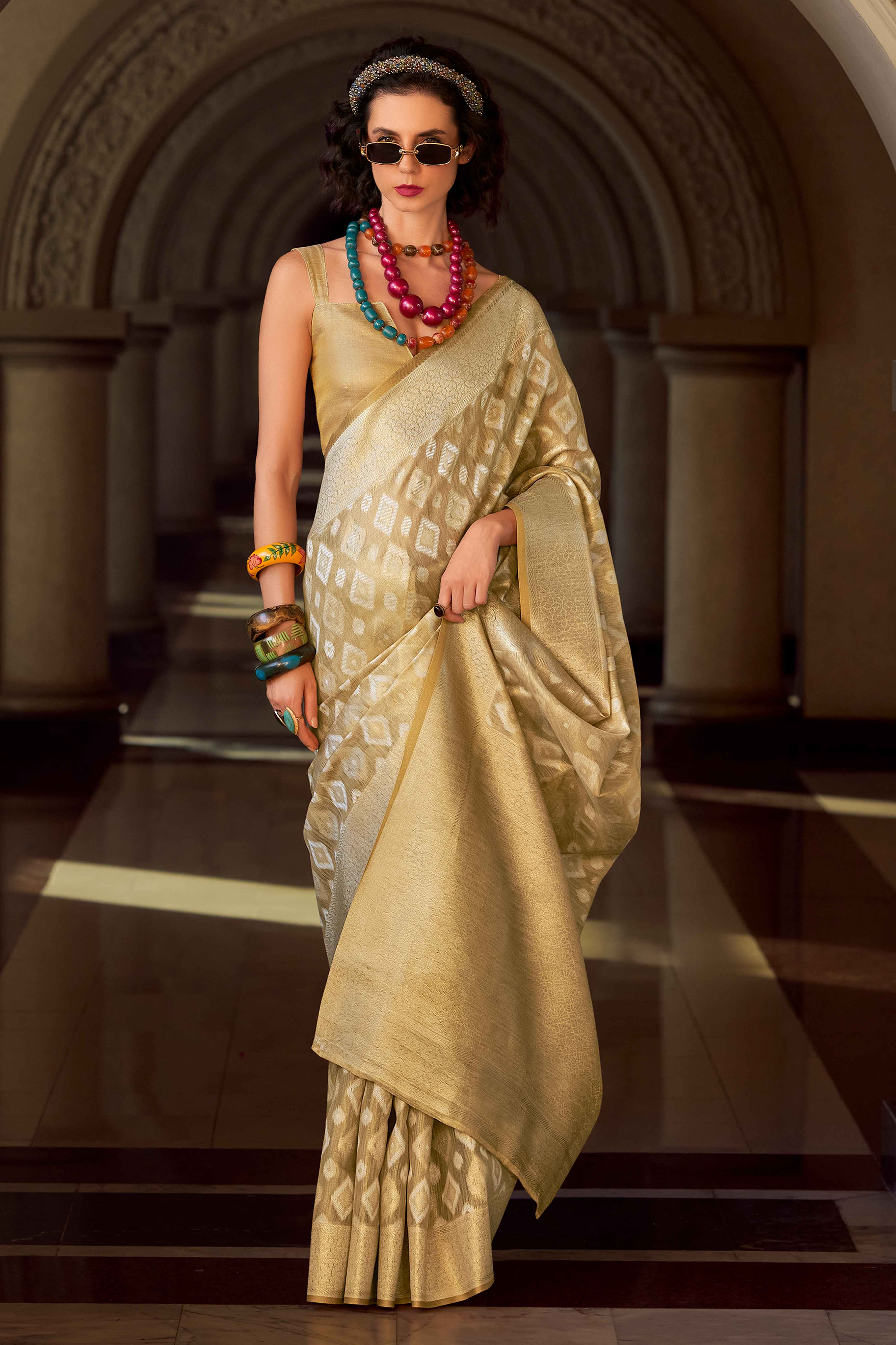 Chikoo Geometric Pattern Woven Tissue Silk Saree - Image 3