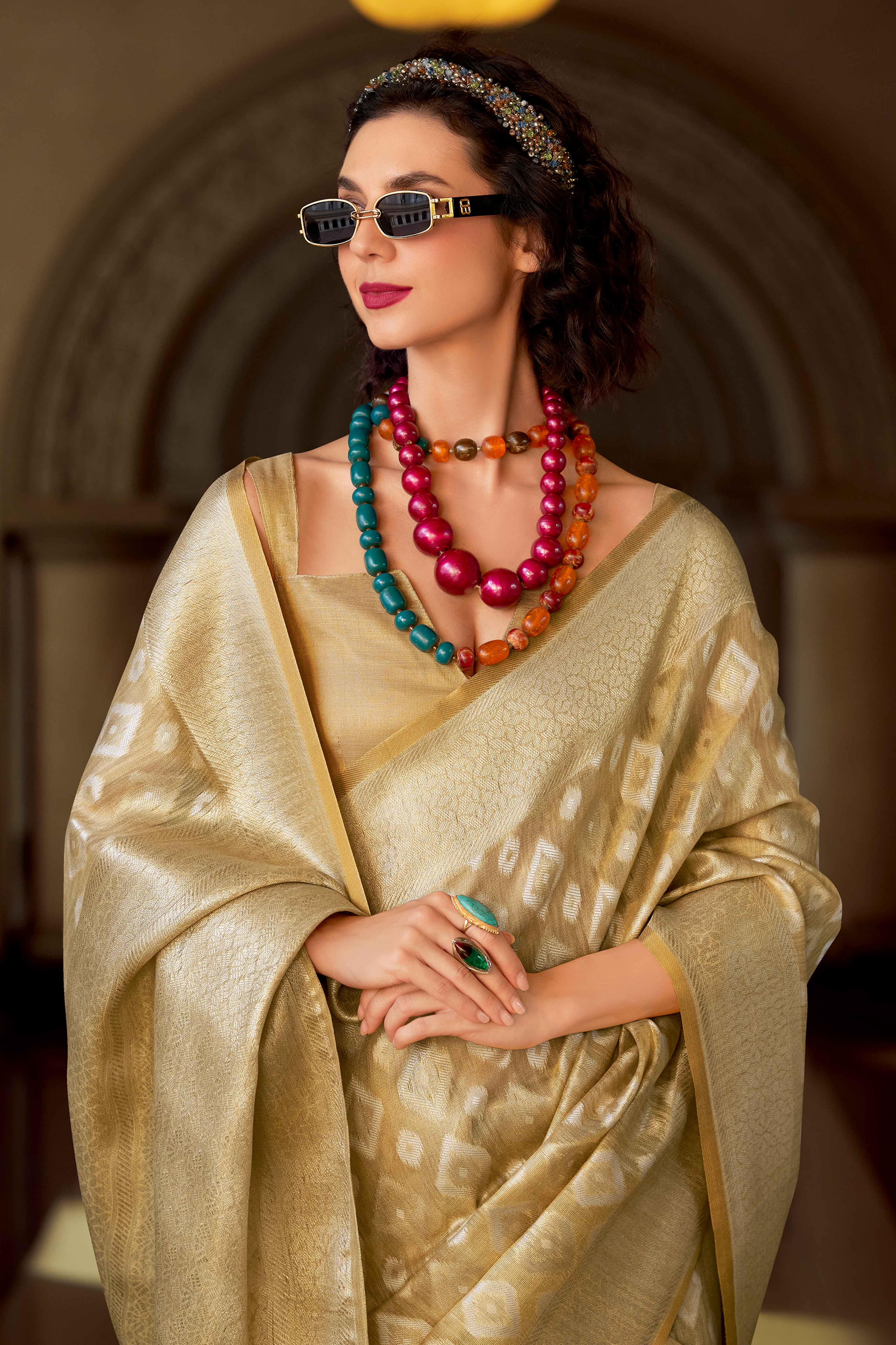 Chikoo Geometric Pattern Woven Tissue Silk Saree - Image 4