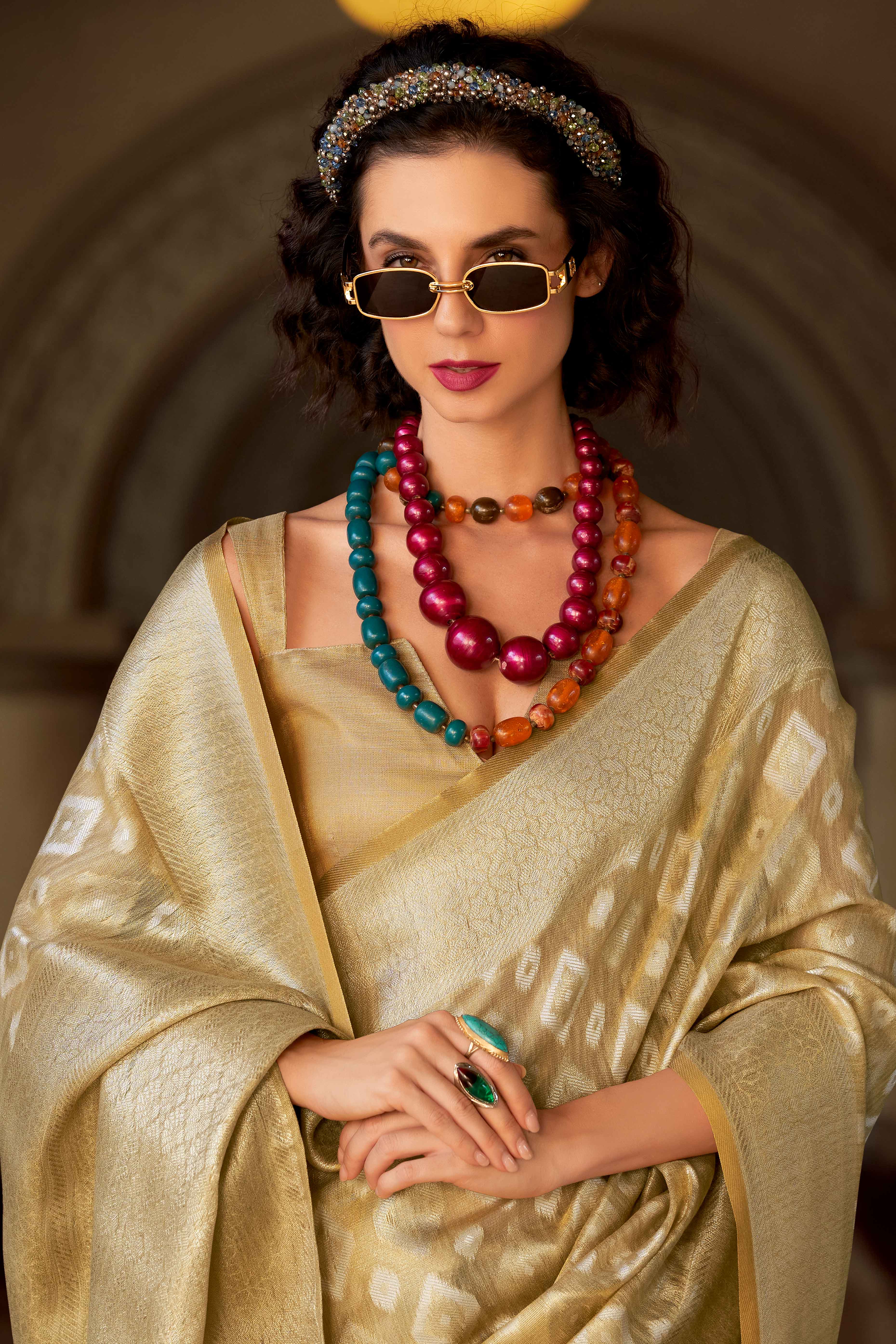 Chikoo Geometric Pattern Woven Tissue Silk Saree - Image 5