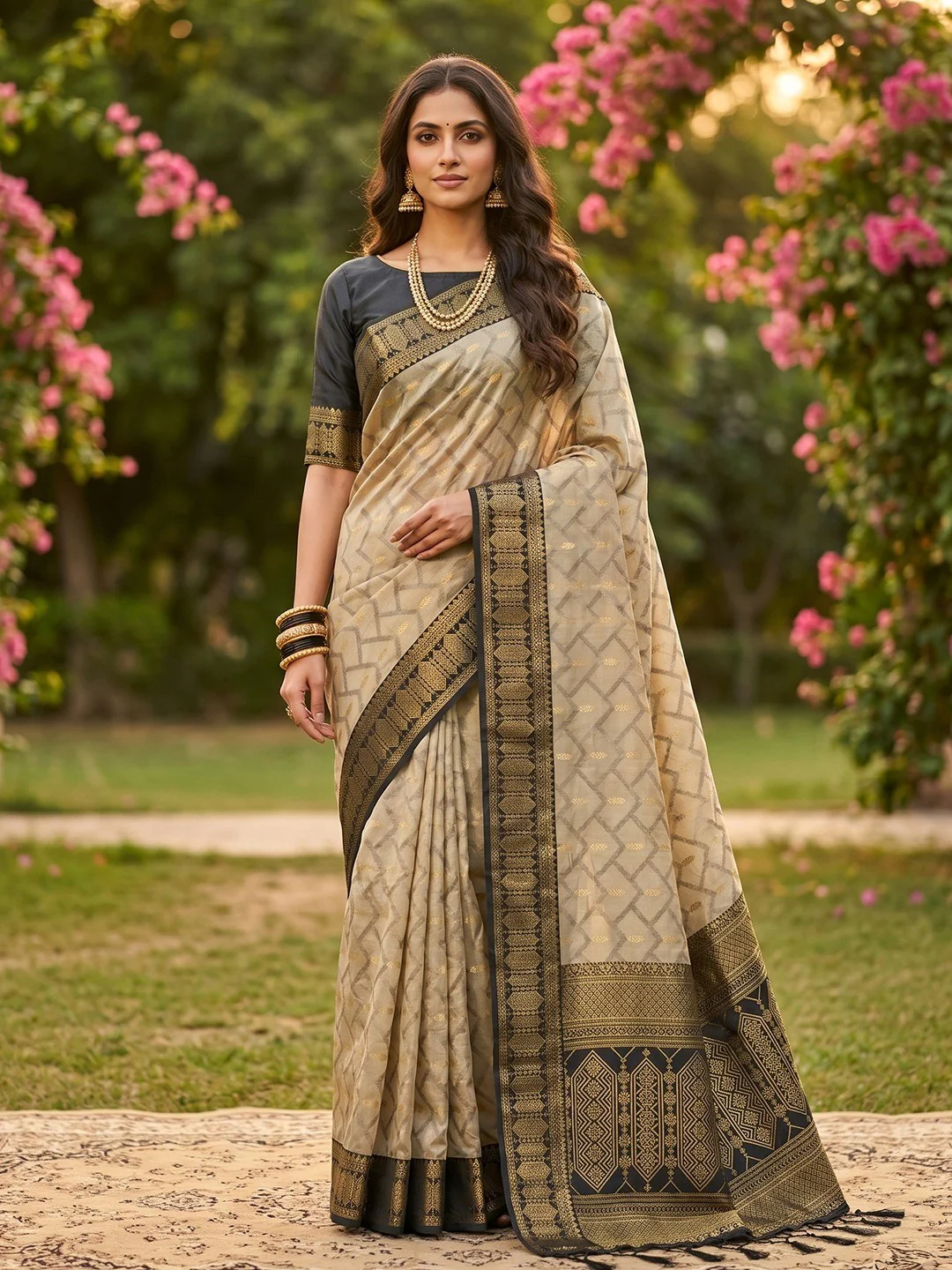Chikoo Geometric Pattern Zari Weaving Cotton Silk Saree With Elegant Tassel Pallu Work