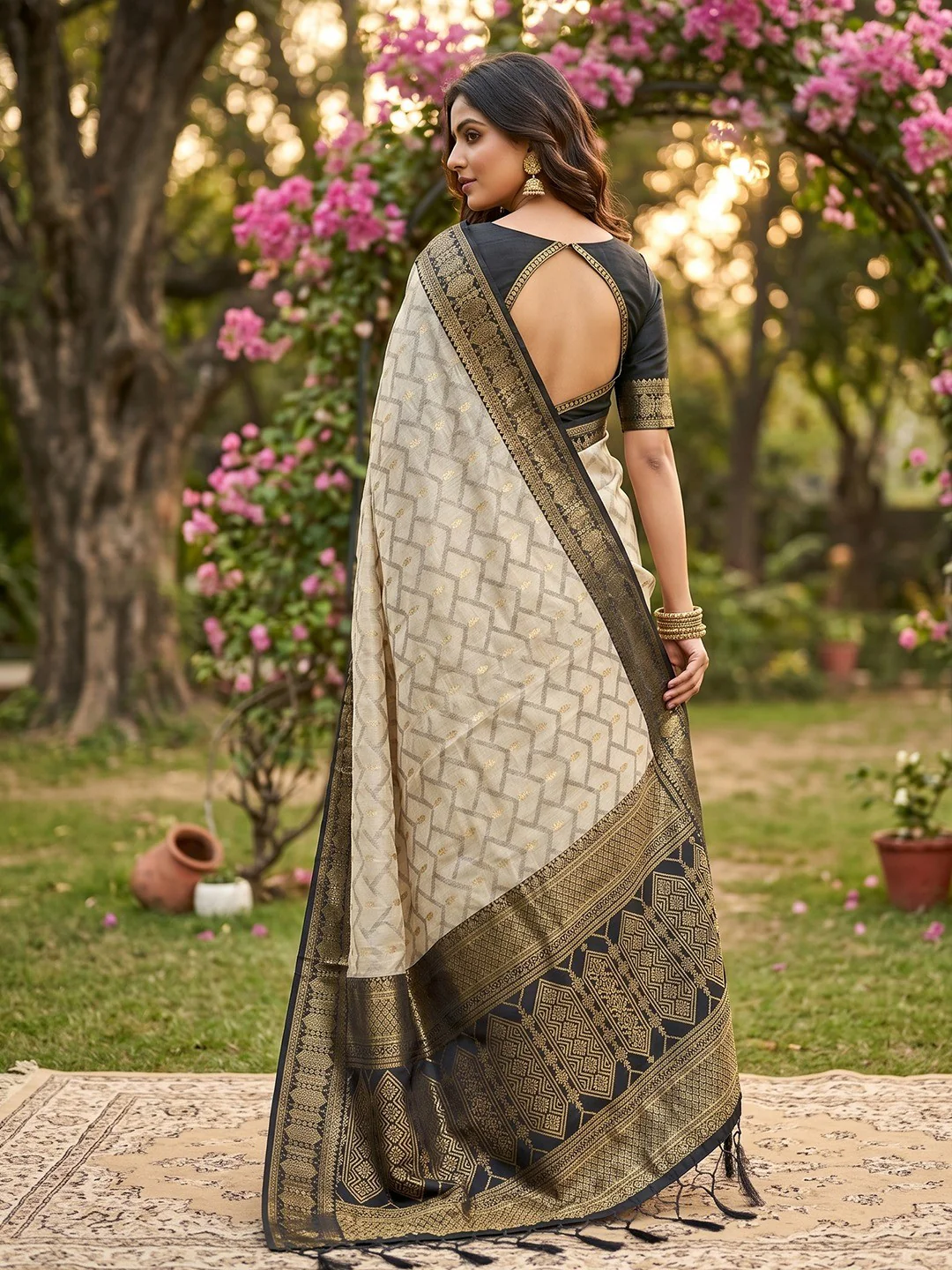 Chikoo Geometric Pattern Zari Weaving Cotton Silk Saree With Elegant Tassel Pallu Work - Image 2