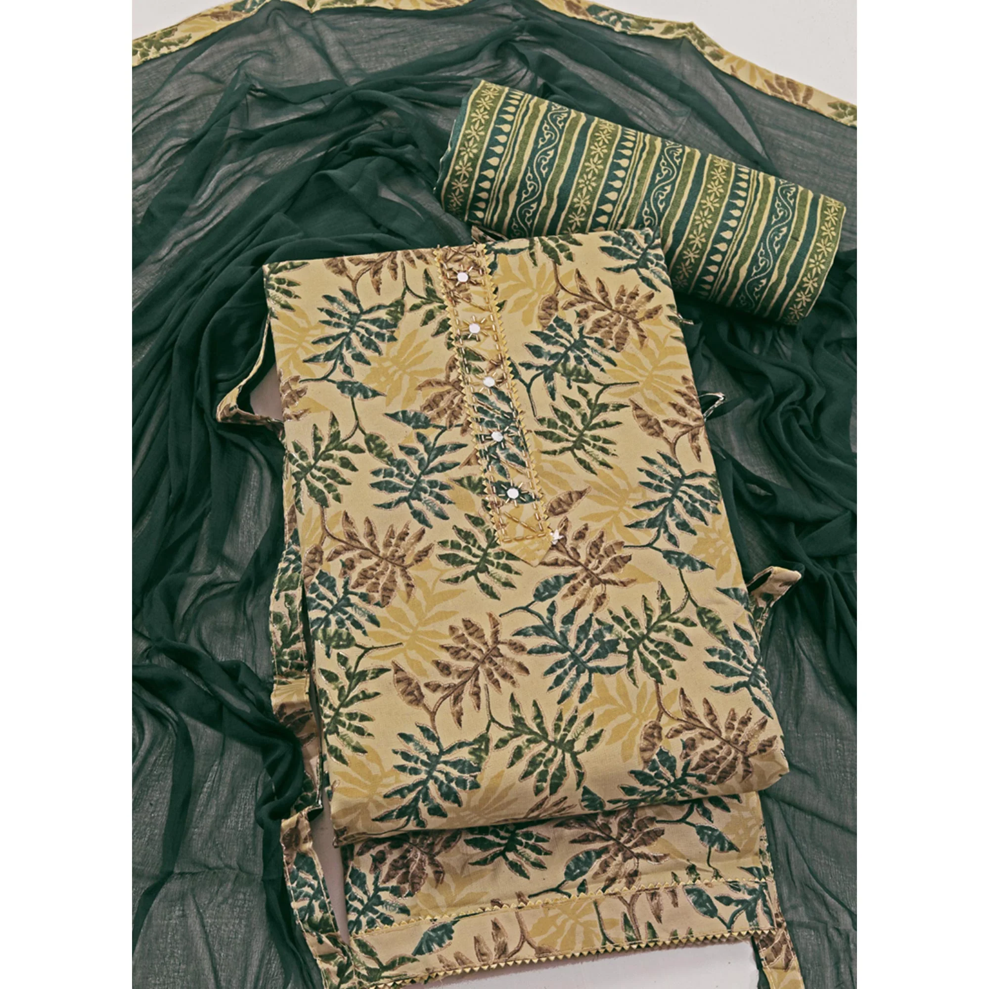 Chikoo & Green Foil Printed With Handwork Pure Pure Cotton Dress Material - Image 3