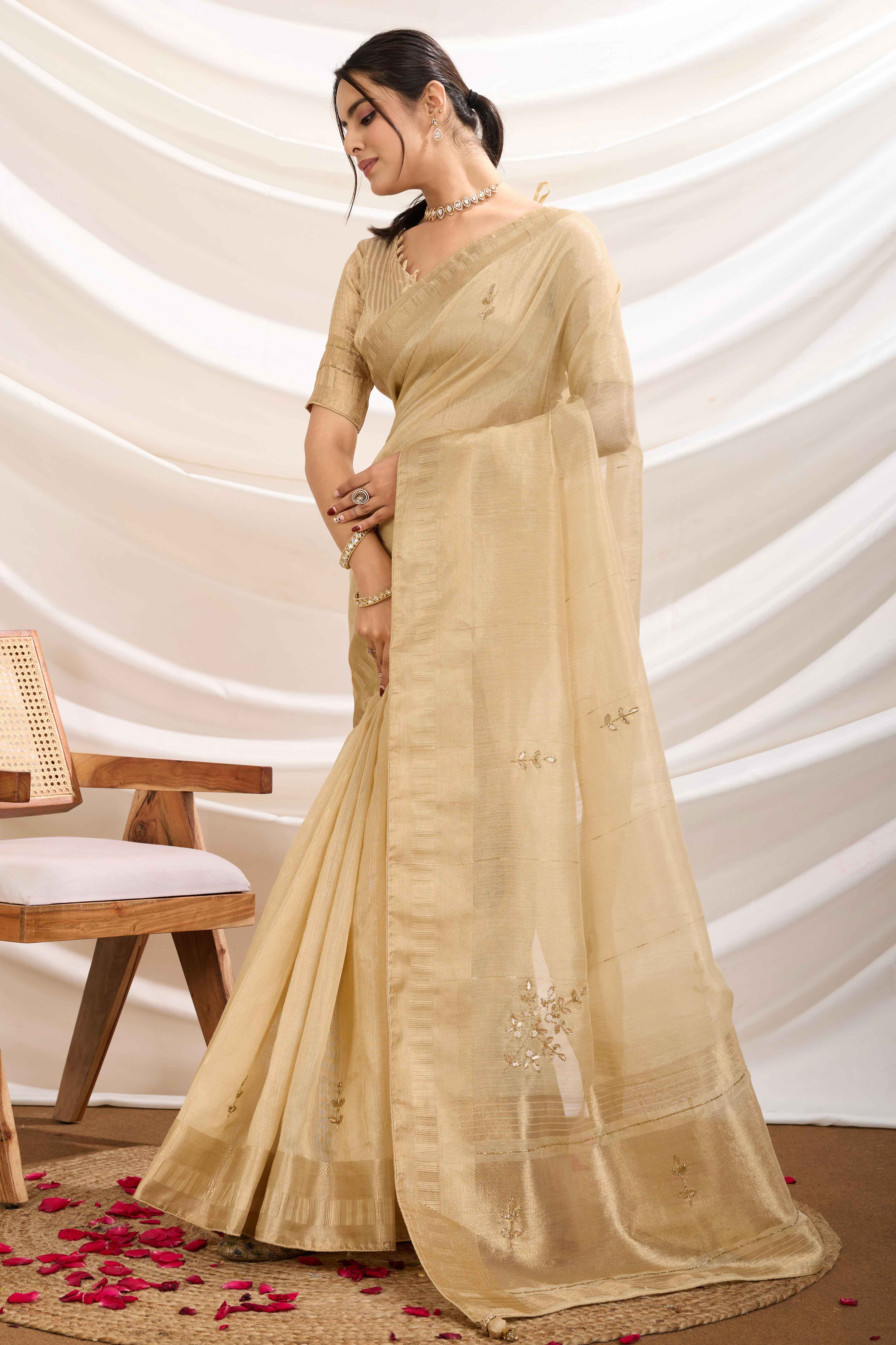 Chikoo Linen Tissue Saree With Hand-Stitched Moti & Cutdana Work - Image 3