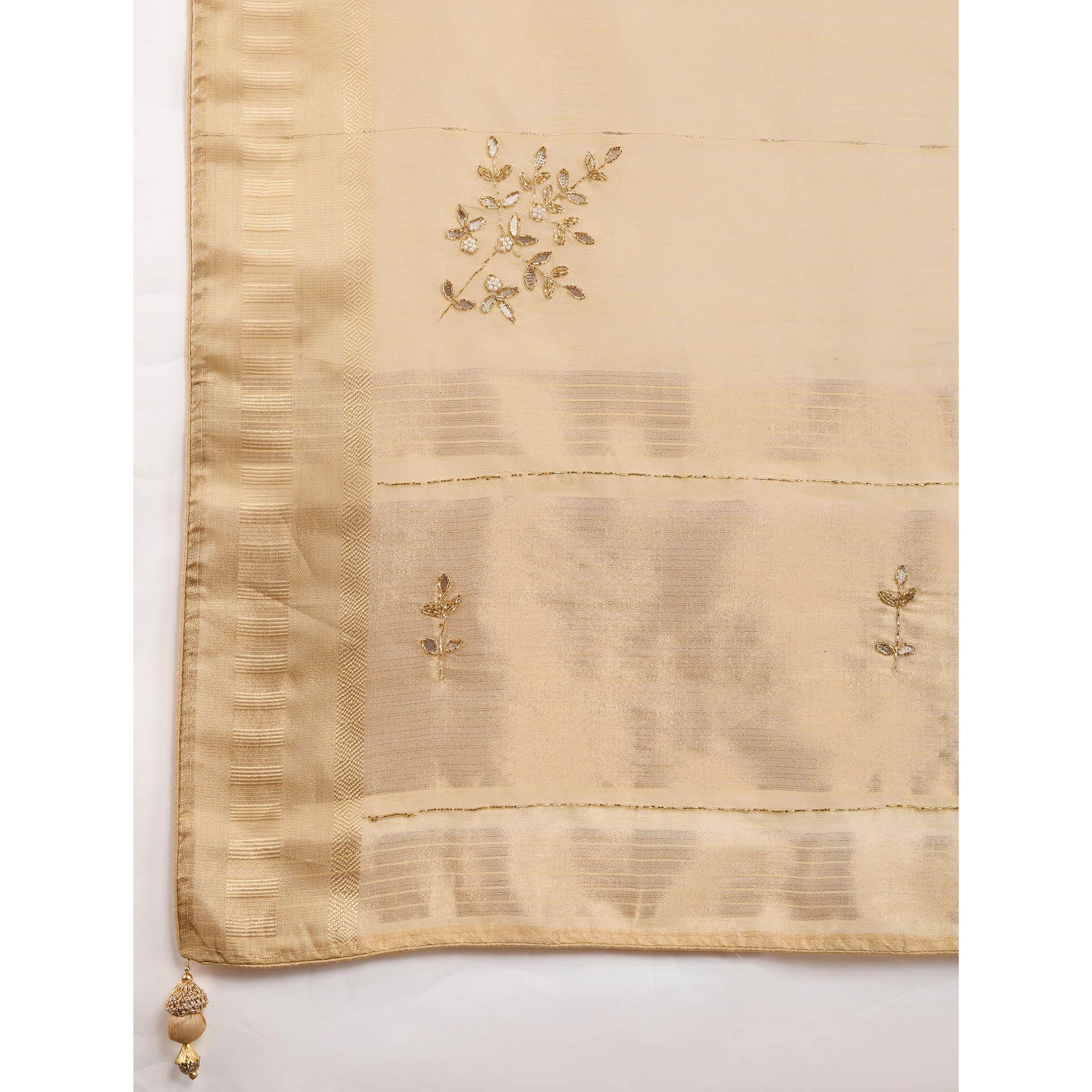 Chikoo Linen Tissue Saree With Hand-Stitched Moti & Cutdana Work - Image 6