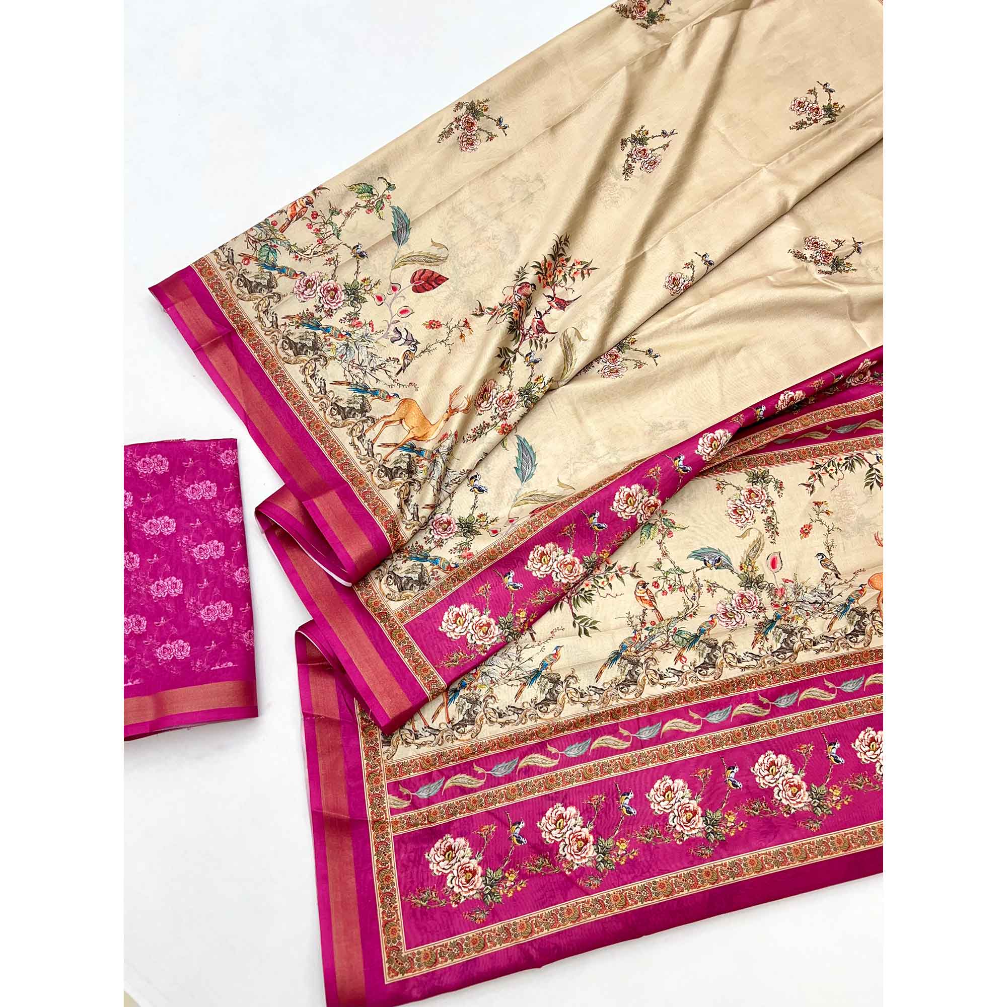 Chikoo Majestic Floral & Birds Digital Printed Dola Silk Saree With Refined Zari Border - Image 3