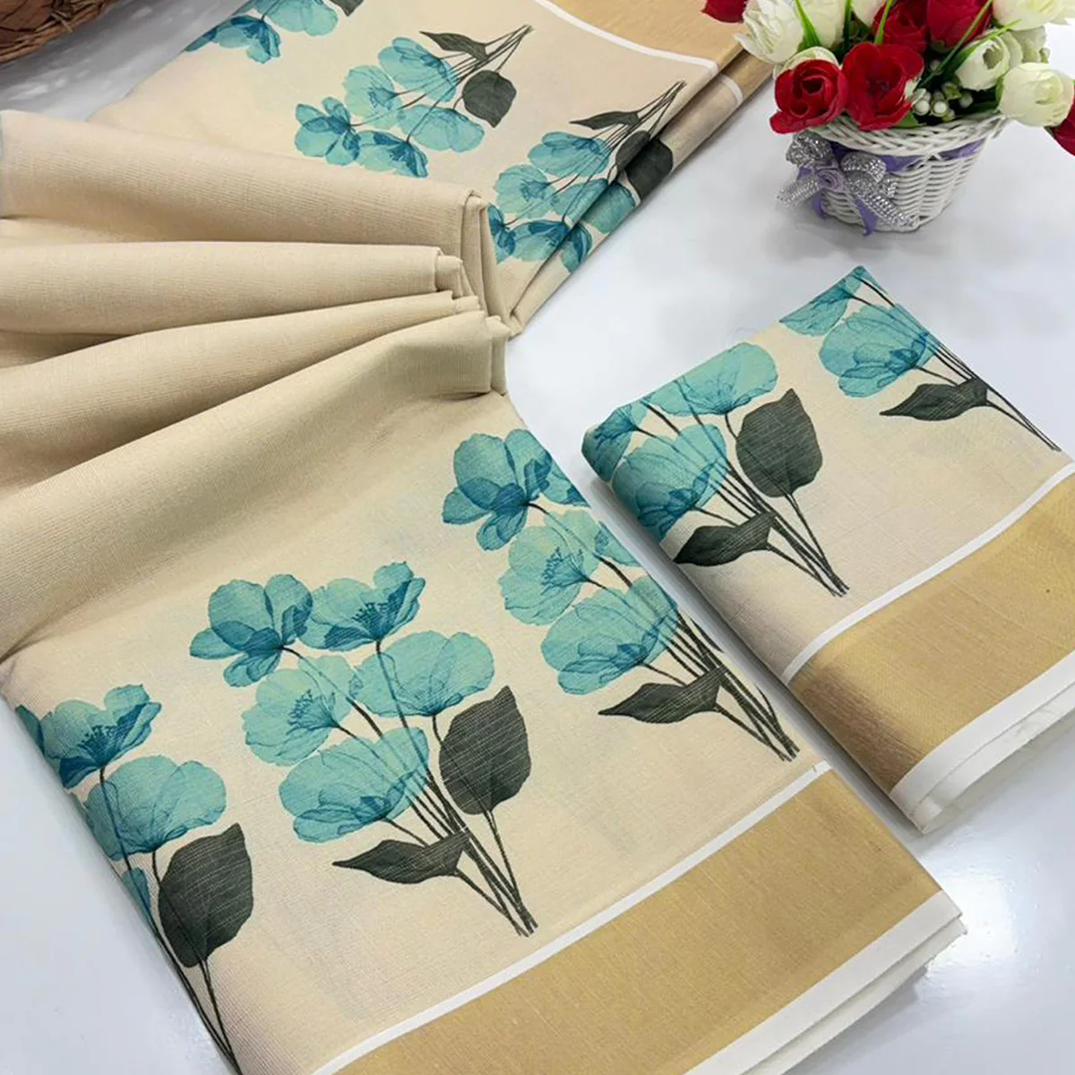 Chikoo Mill Printed Floral Cotton Silk Saree Featuring Traditional Zari Weaving Border - Image 2