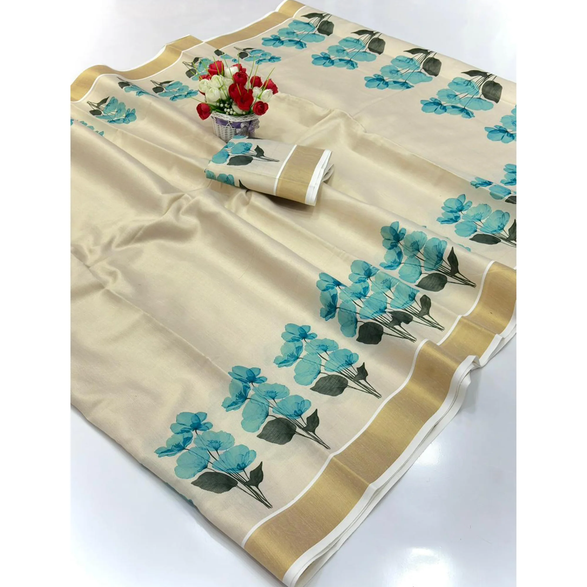 Chikoo Mill Printed Floral Cotton Silk Saree Featuring Traditional Zari Weaving Border - Image 3