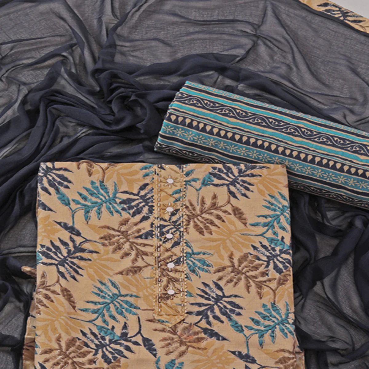 Chikoo & Navy Blue Foil Printed With Handwork Pure Pure Cotton Dress Material - Image 2