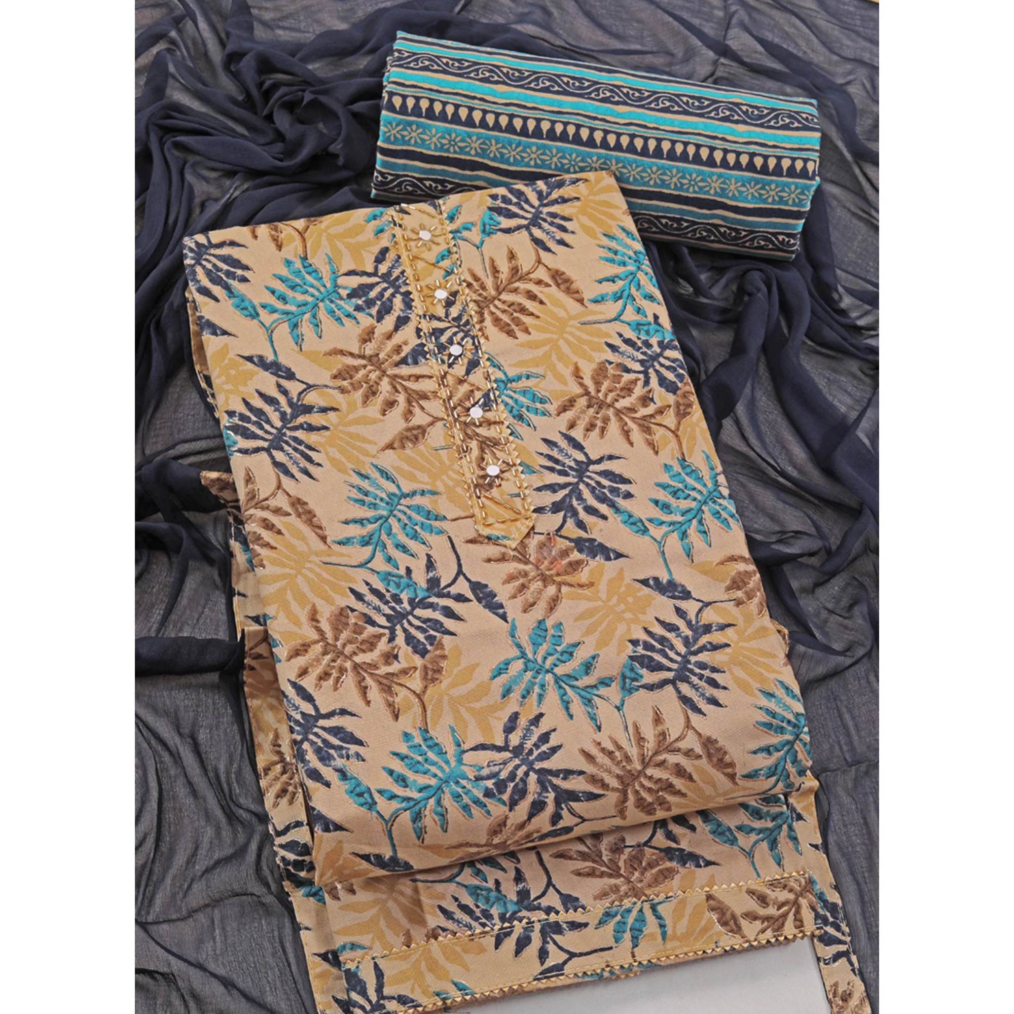 Chikoo & Navy Blue Foil Printed With Handwork Pure Pure Cotton Dress Material - Image 3