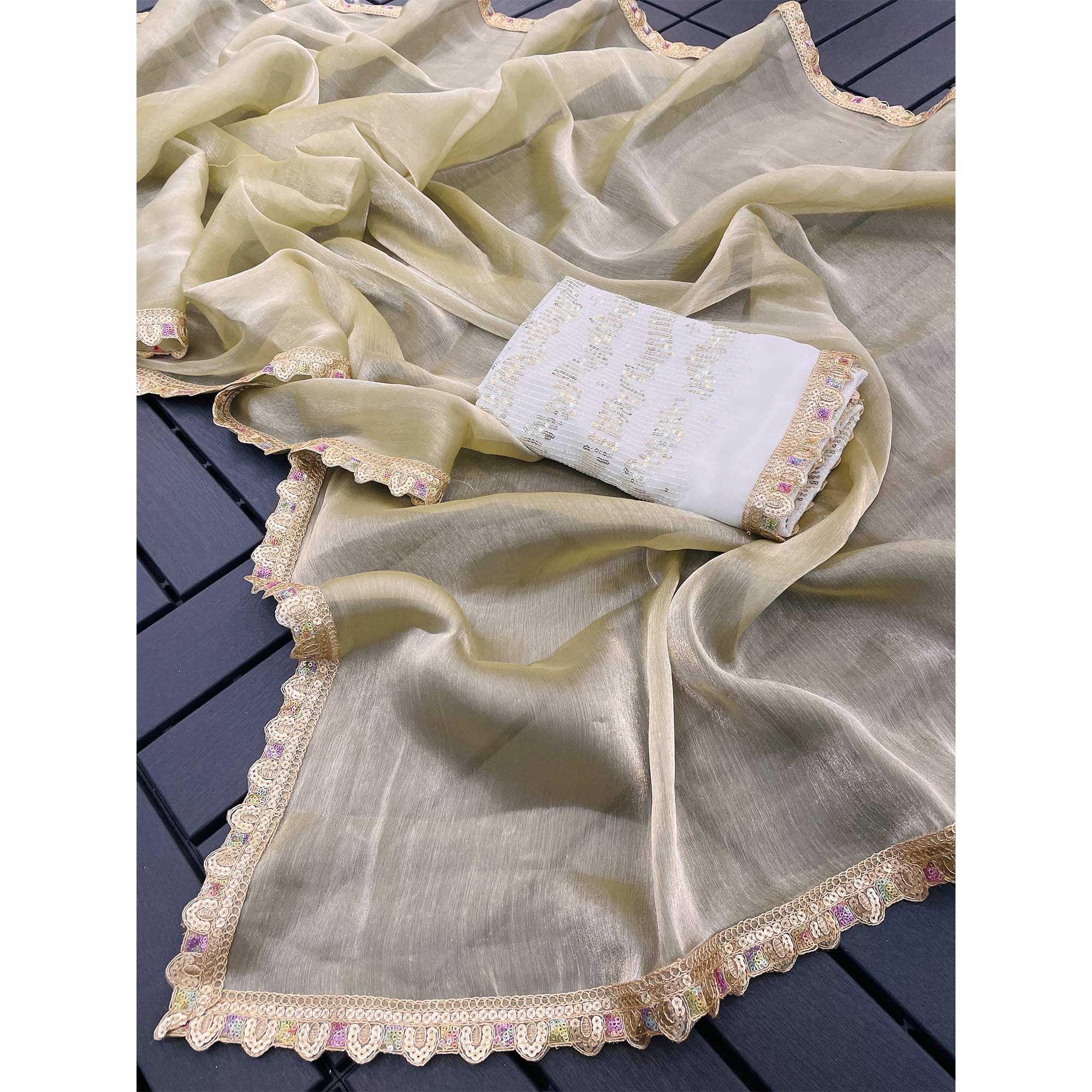 Chikoo Solid Satin Burberry Saree With Sparkling Sequins Embroidered Lace Border - Image 3