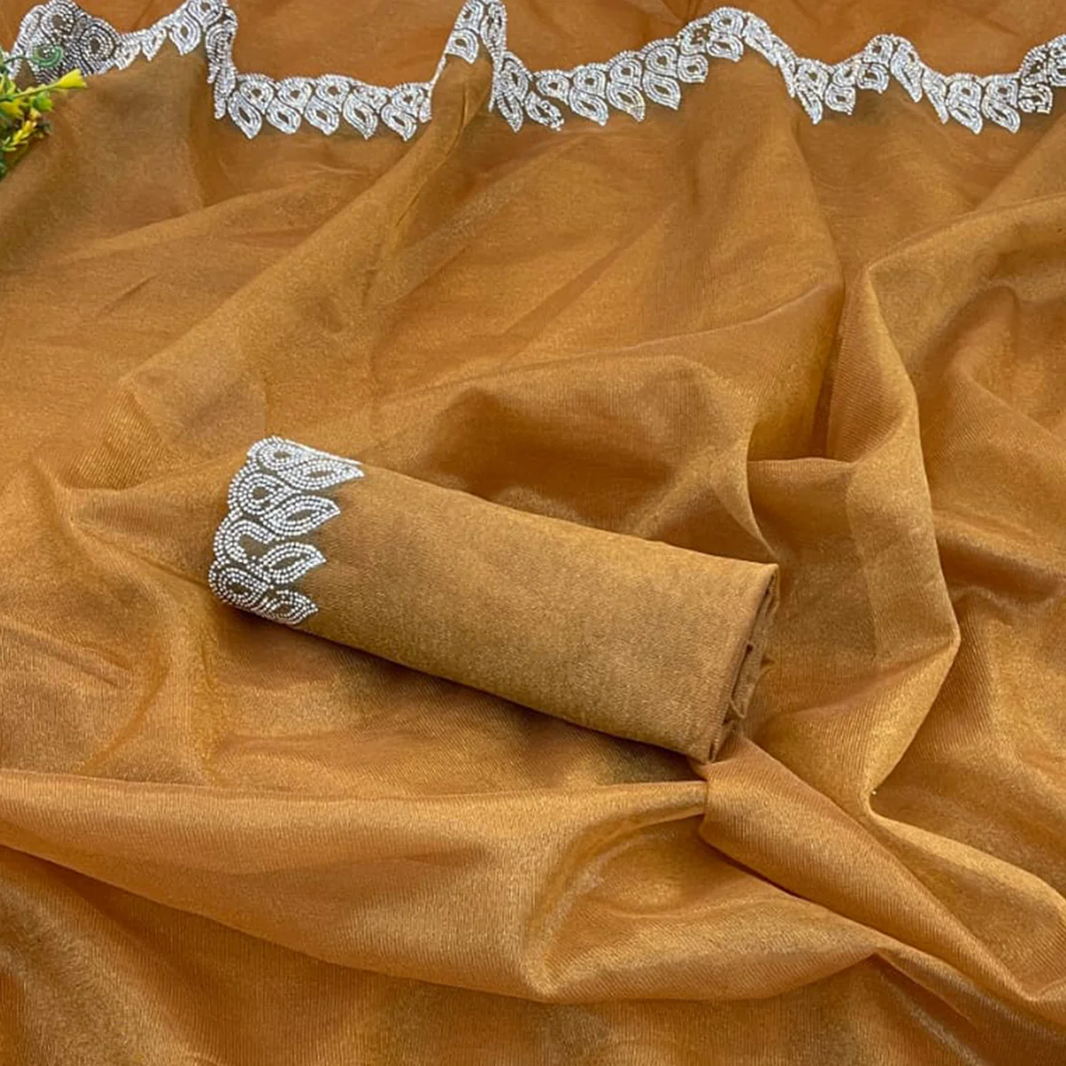 Chikoo Stone Work Embroidered Twill Gold Net Saree - Image 2