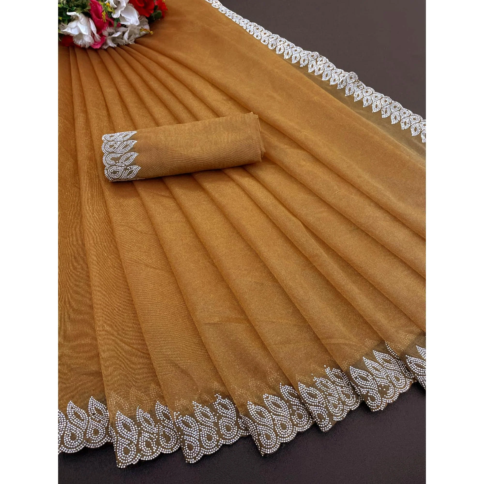 Chikoo Stone Work Embroidered Twill Gold Net Saree - Image 3