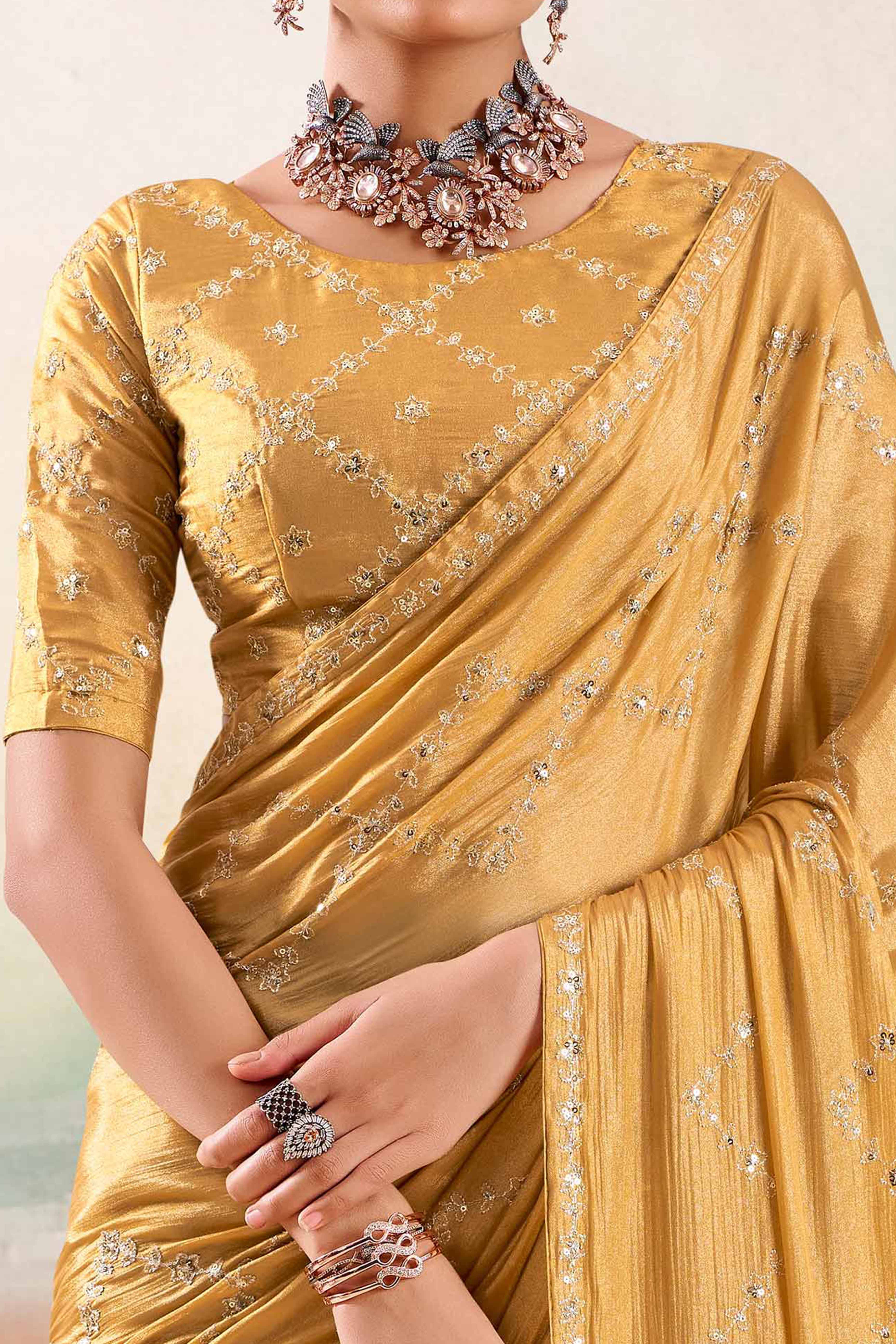 Chikoo Two Tone Chiffon Saree Adorned With Floral Cording Embroidery & Sequins Work - Image 2