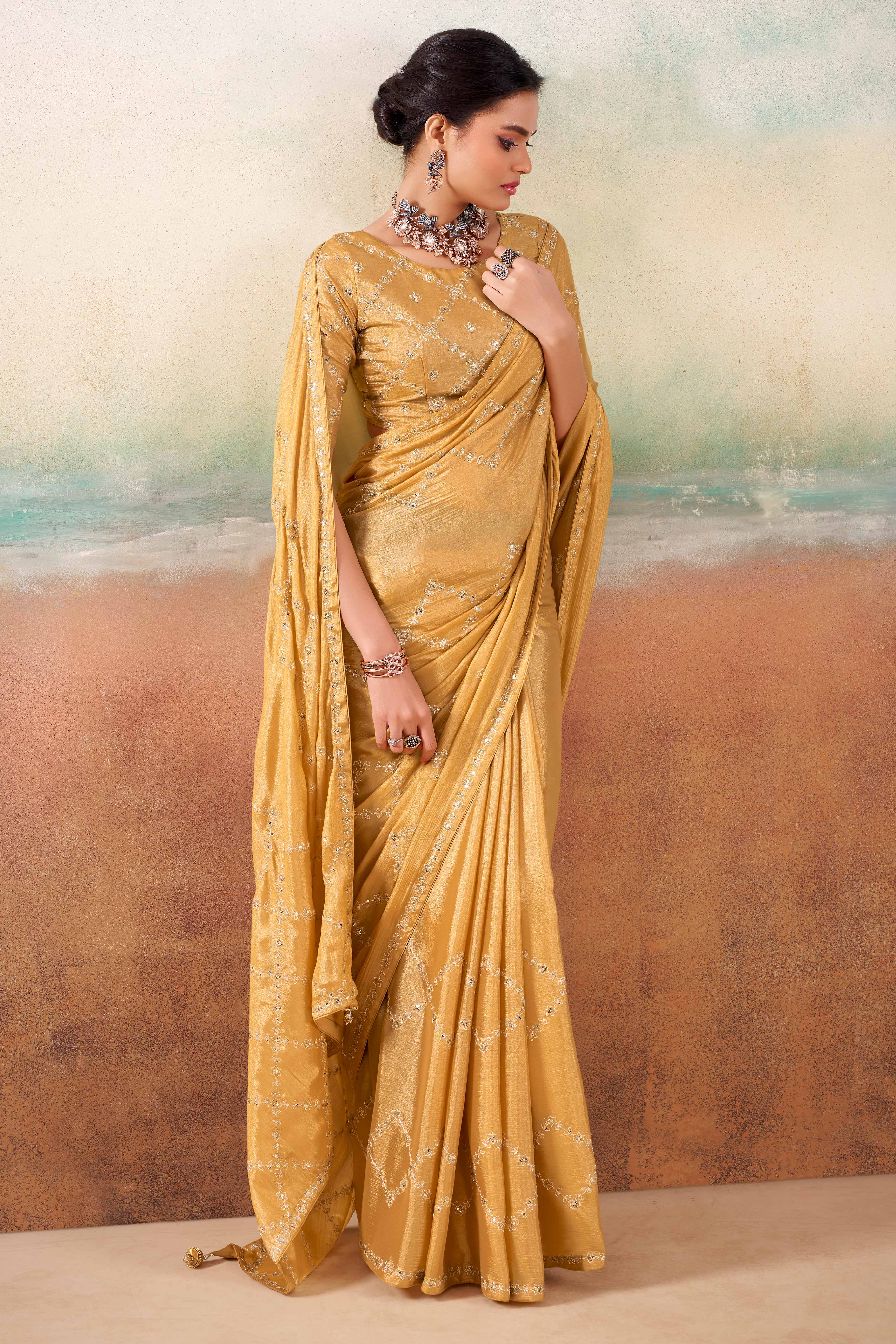Chikoo Two Tone Chiffon Saree Adorned With Floral Cording Embroidery & Sequins Work - Image 3