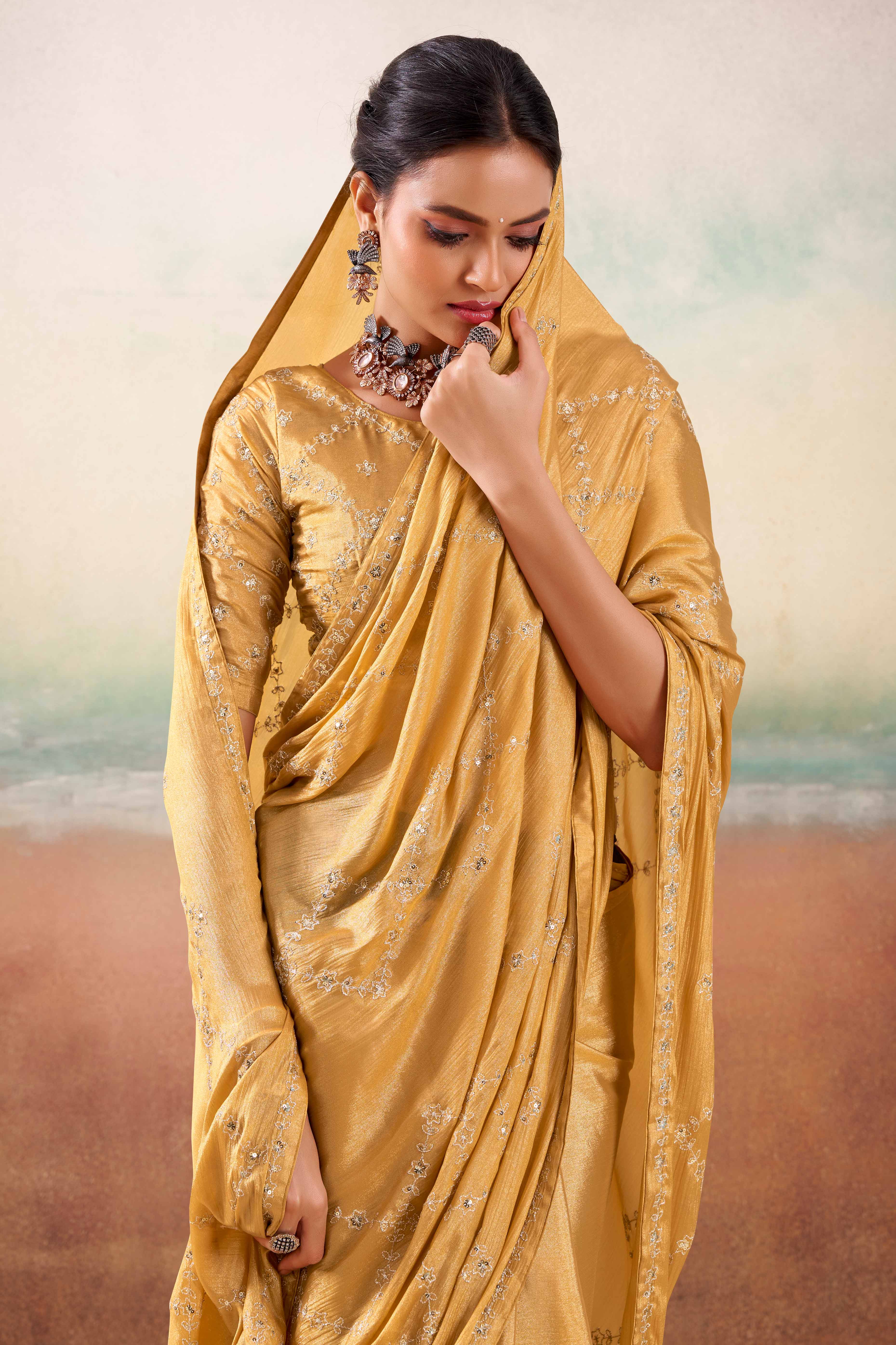 Chikoo Two Tone Chiffon Saree Adorned With Floral Cording Embroidery & Sequins Work - Image 4