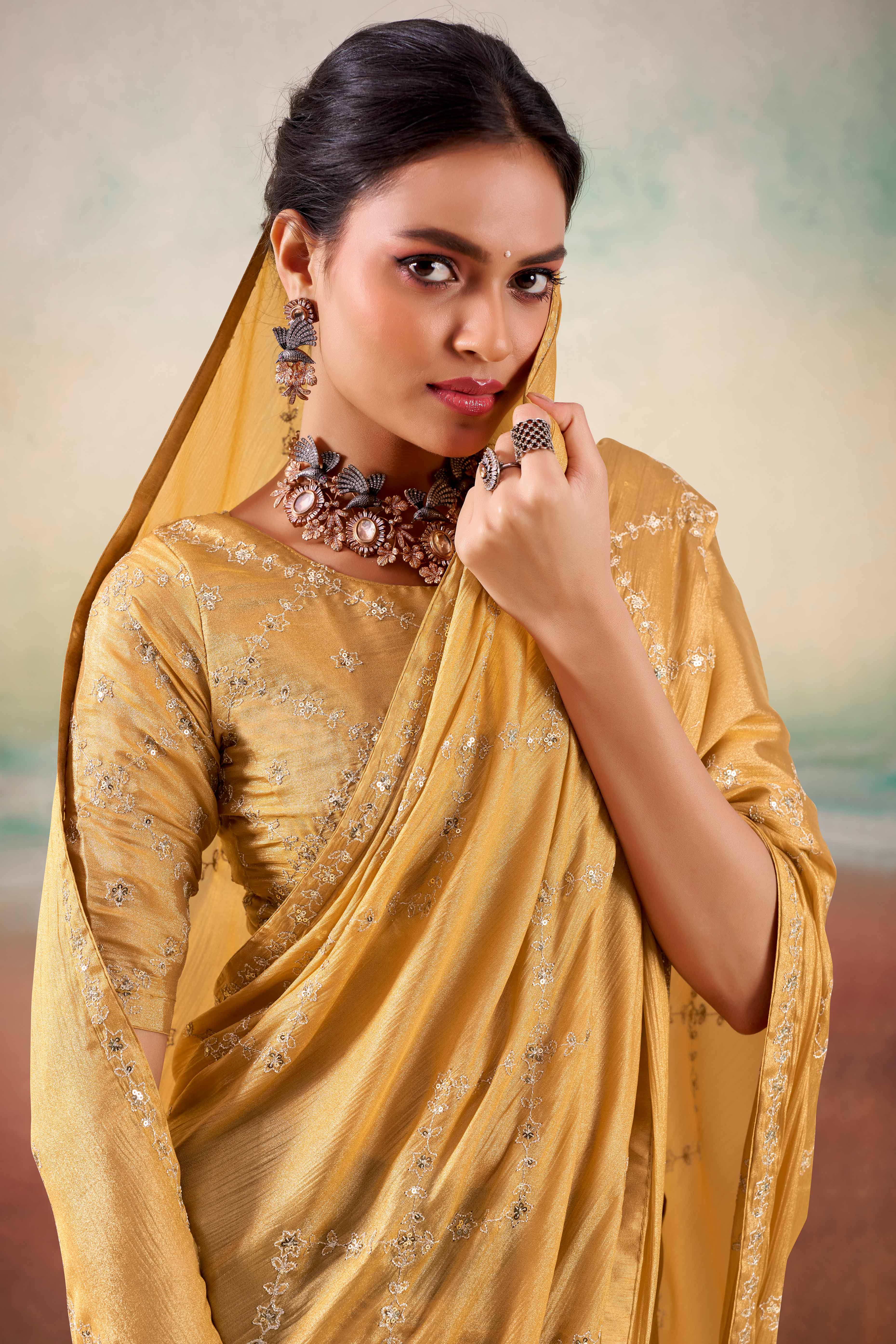 Chikoo Two Tone Chiffon Saree Adorned With Floral Cording Embroidery & Sequins Work - Image 5
