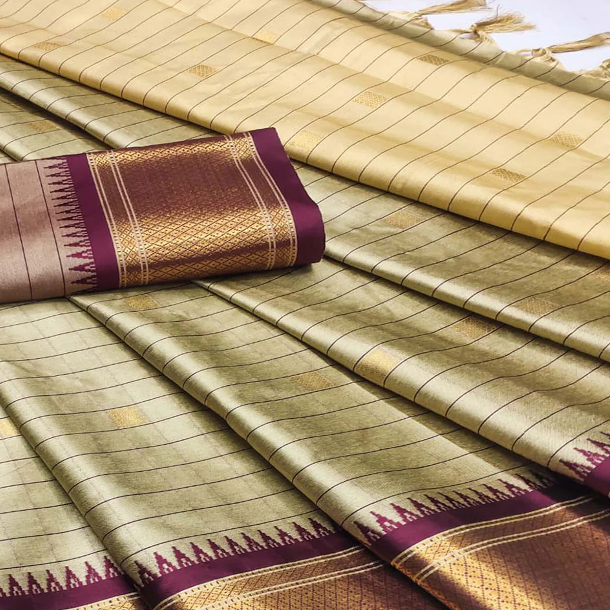 Chikoo & Wine Woven Cotton Silk Saree With Tassels - Image 2