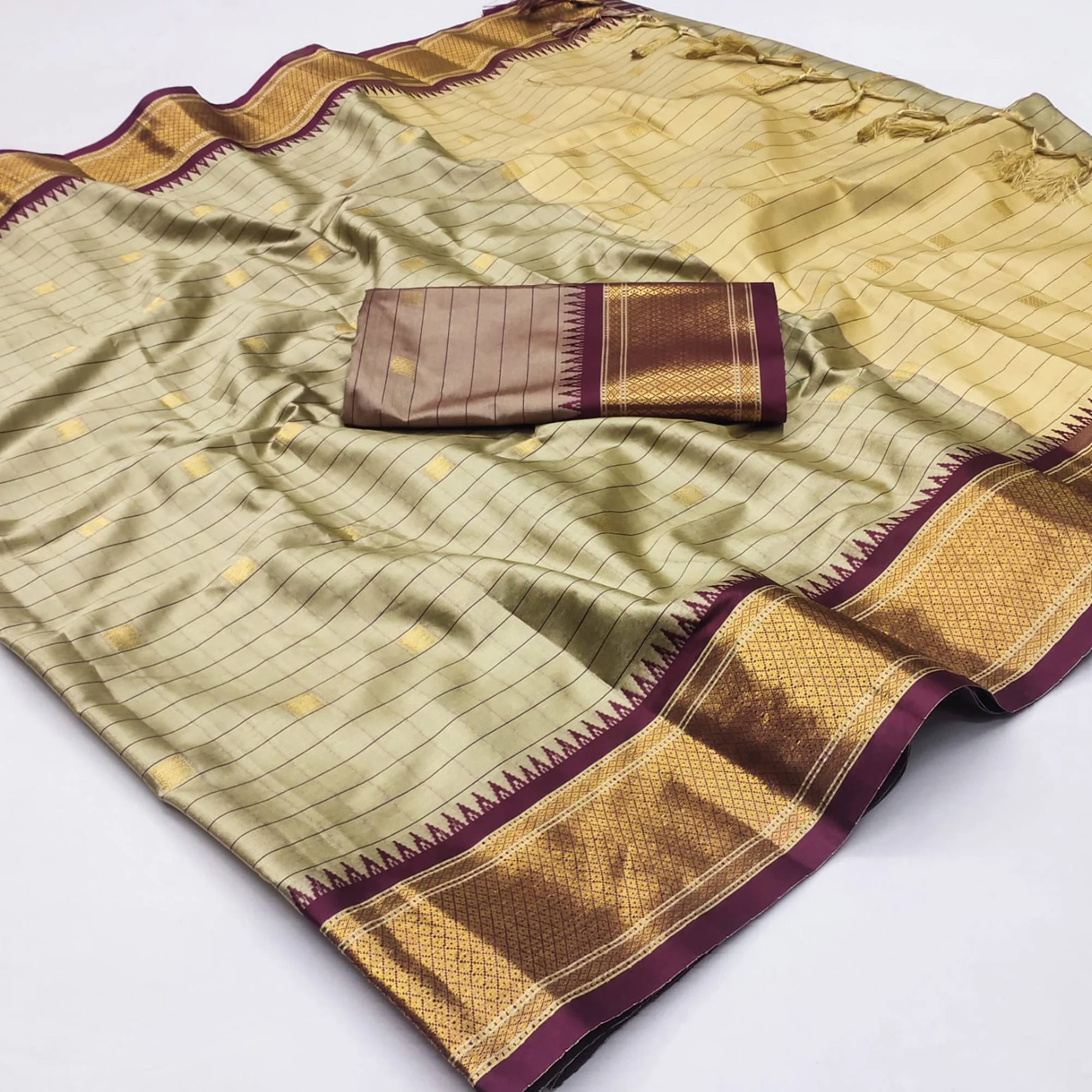 Chikoo & Wine Woven Cotton Silk Saree With Tassels - Image 3
