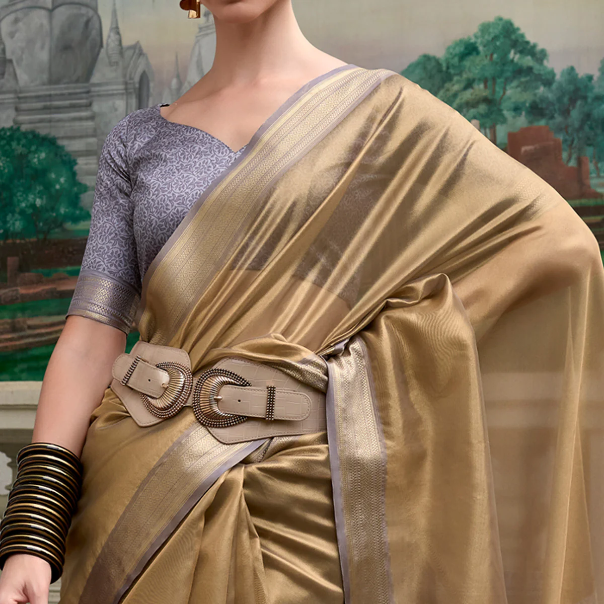 Chikoo Woven Tissue Silk Saree With Tassels - Image 2