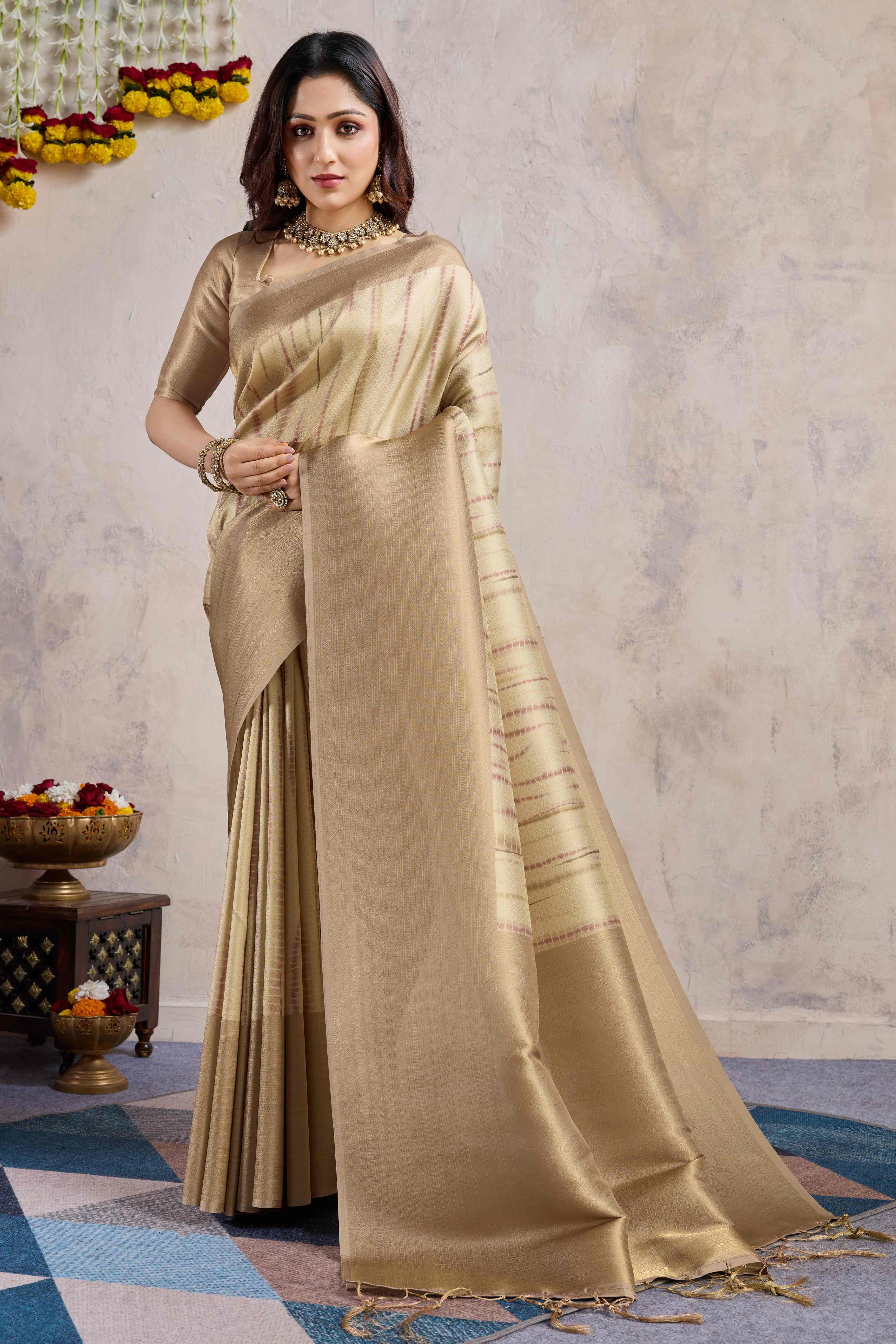 Chikoo Woven With Digital Printed Banarasi Silk Saree - Image 3