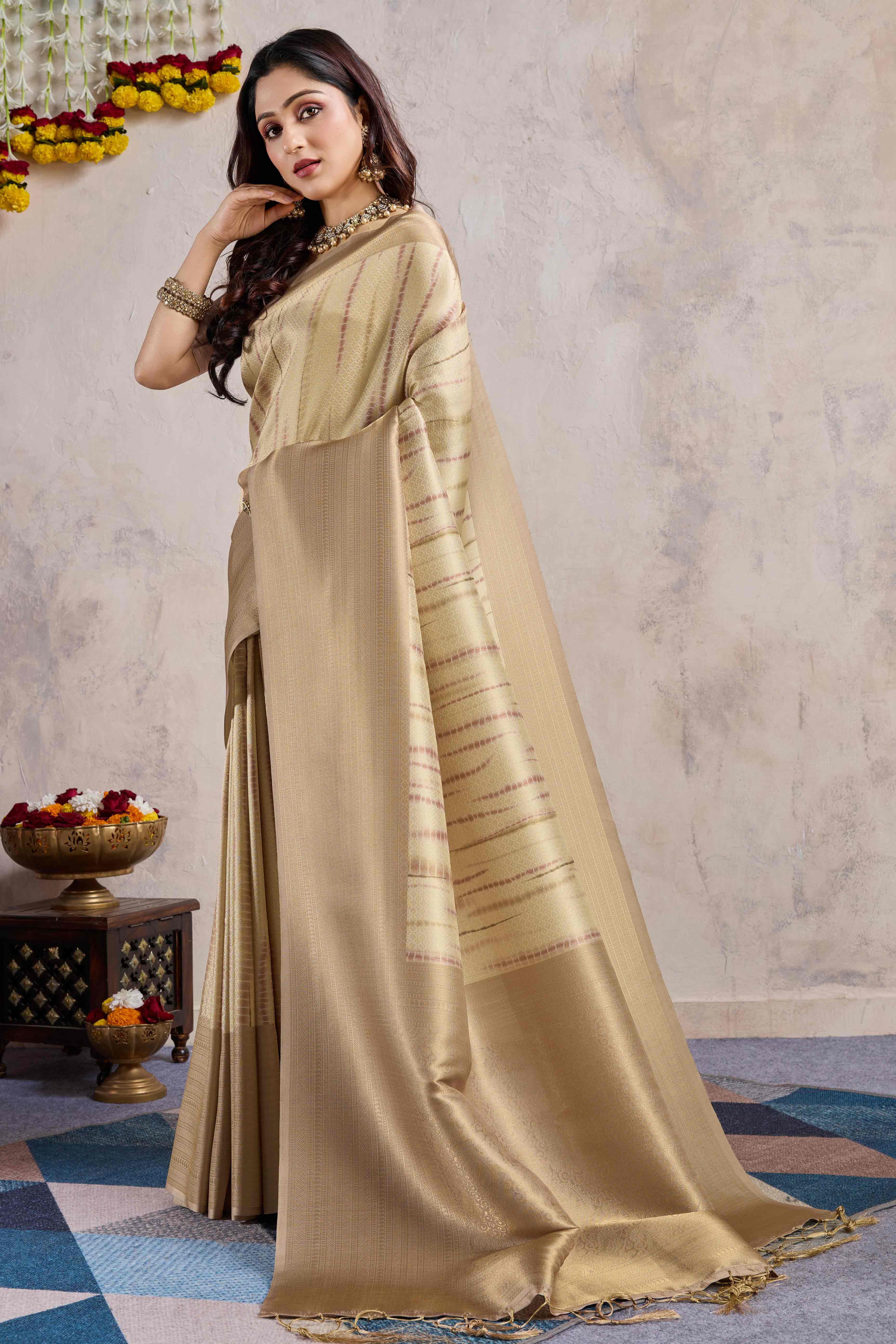 Chikoo Woven With Digital Printed Banarasi Silk Saree - Image 4