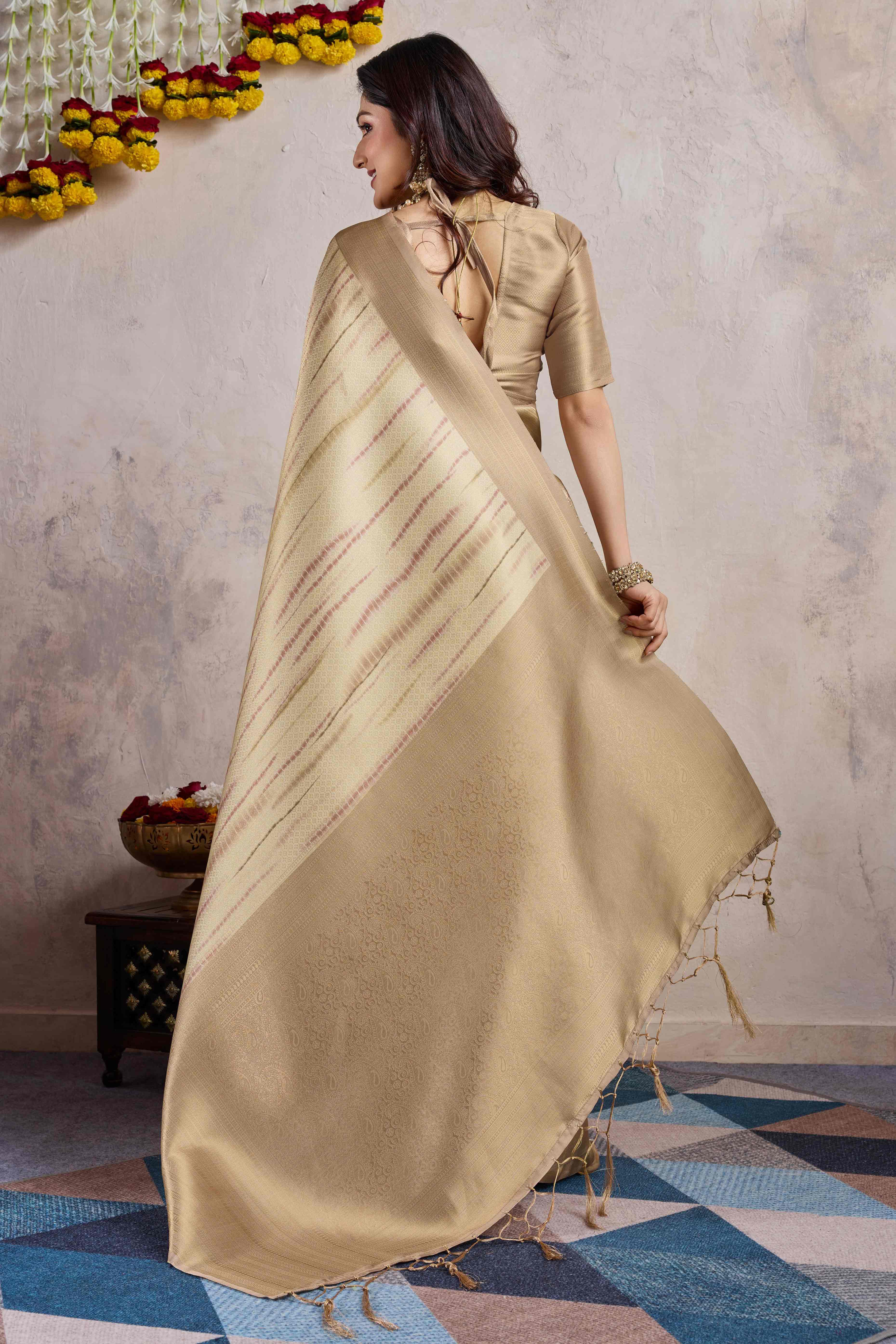 Chikoo Woven With Digital Printed Banarasi Silk Saree - Image 5
